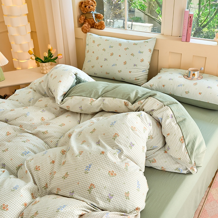 91家纺网 家纺一手货源 找家纺 卢赛尔 2025新款水洗珍珠印花四件套 格子-绿