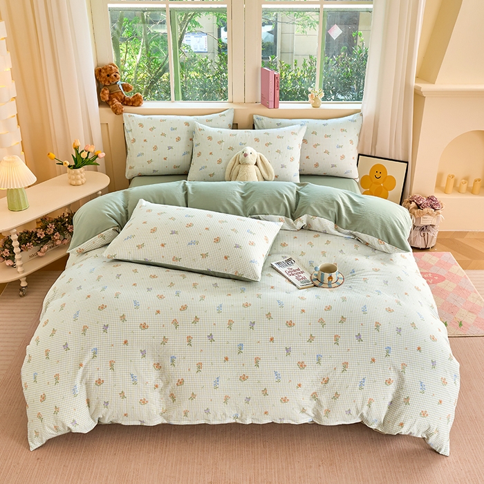 91家纺网 家纺一手货源 找家纺 卢赛尔 2025新款水洗珍珠印花四件套 格子-绿