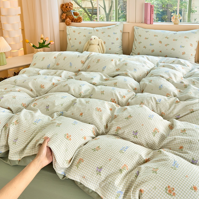 91家纺网 家纺一手货源 找家纺 卢赛尔 2025新款水洗珍珠印花四件套 格子-绿