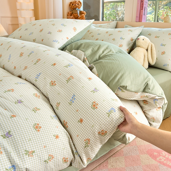 91家纺网 家纺一手货源 找家纺 卢赛尔 2025新款水洗珍珠印花四件套 格子-绿