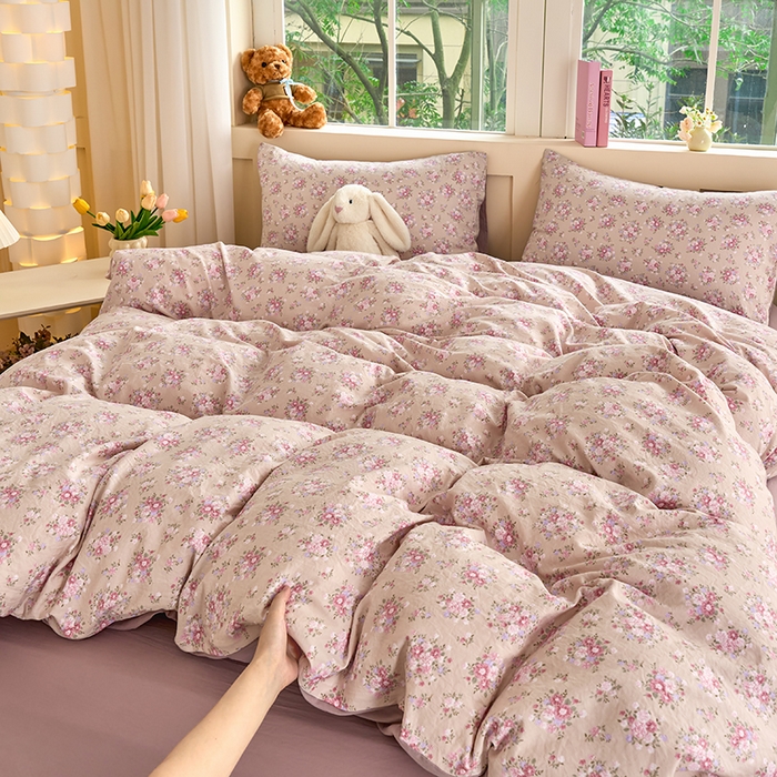 91家纺网 家纺一手货源 找家纺 卢赛尔 2025新款水洗珍珠印花四件套 蔷薇-粉