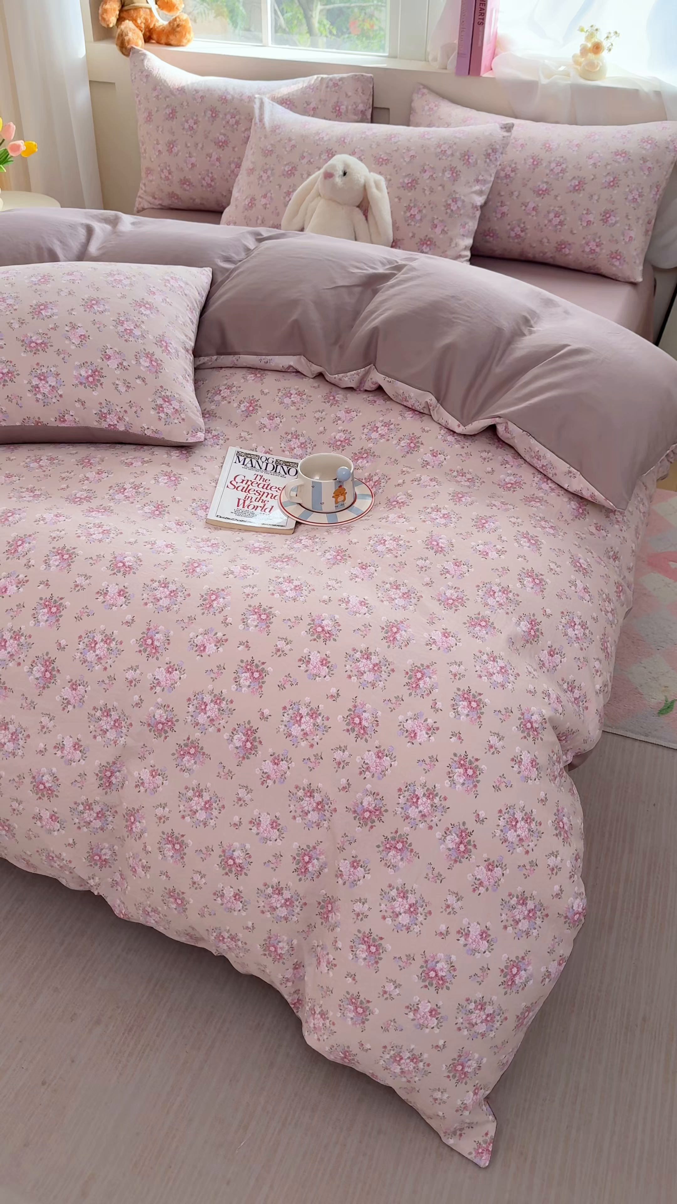 91家纺网 家纺一手货源 找家纺 卢赛尔 2025新款水洗珍珠印花四件套 蔷薇-粉