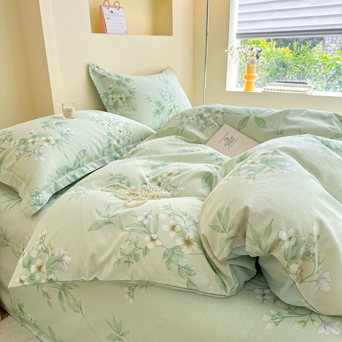 91家纺网 家纺一手货源 找家纺 绵庭家纺 2025新款田园花卉全棉纯棉印花四件套 东方绿叶