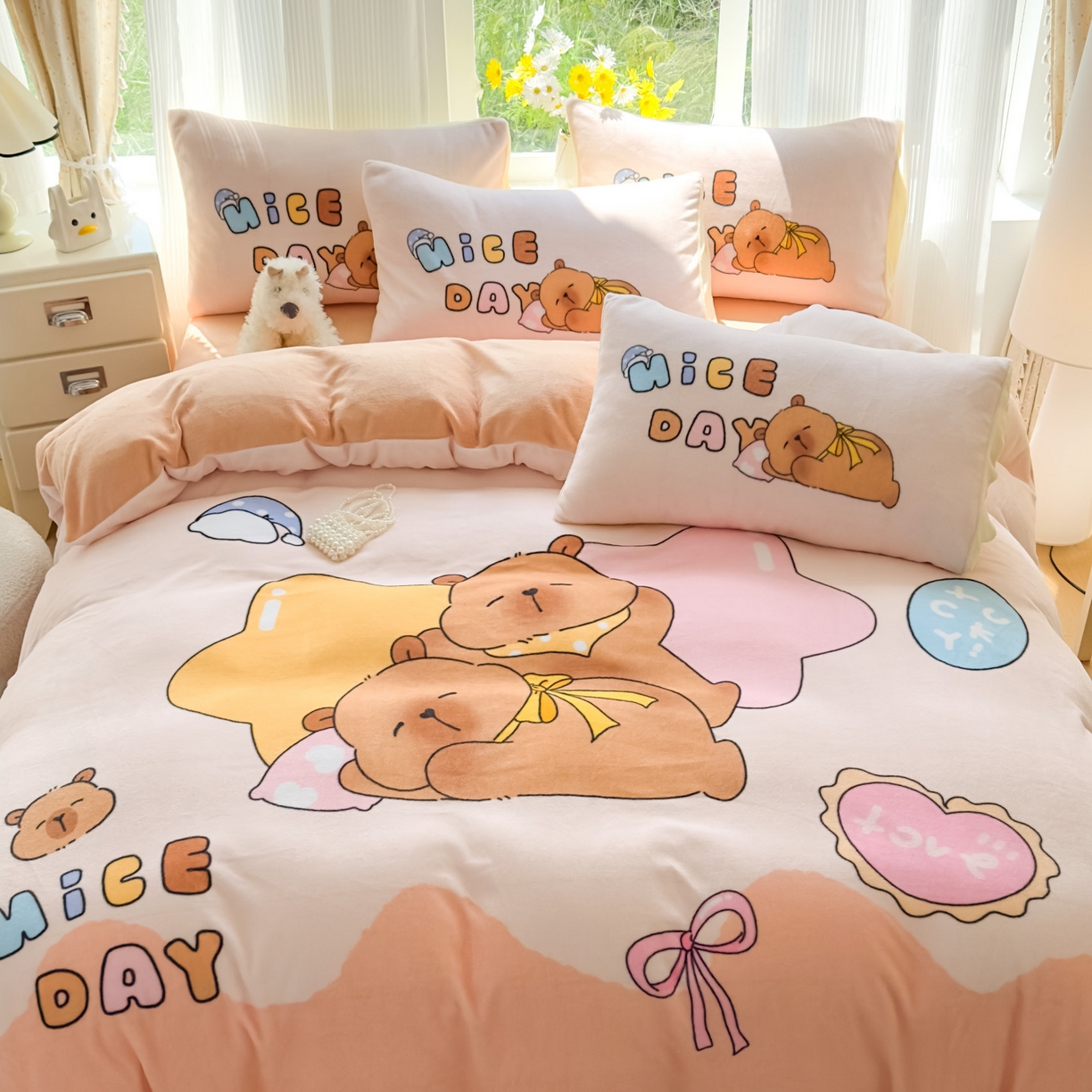 91家纺网 家纺一手货源 找家纺 （总）浩诚 2025新款高克重原创设计牛奶绒大版卡通四件套第2批