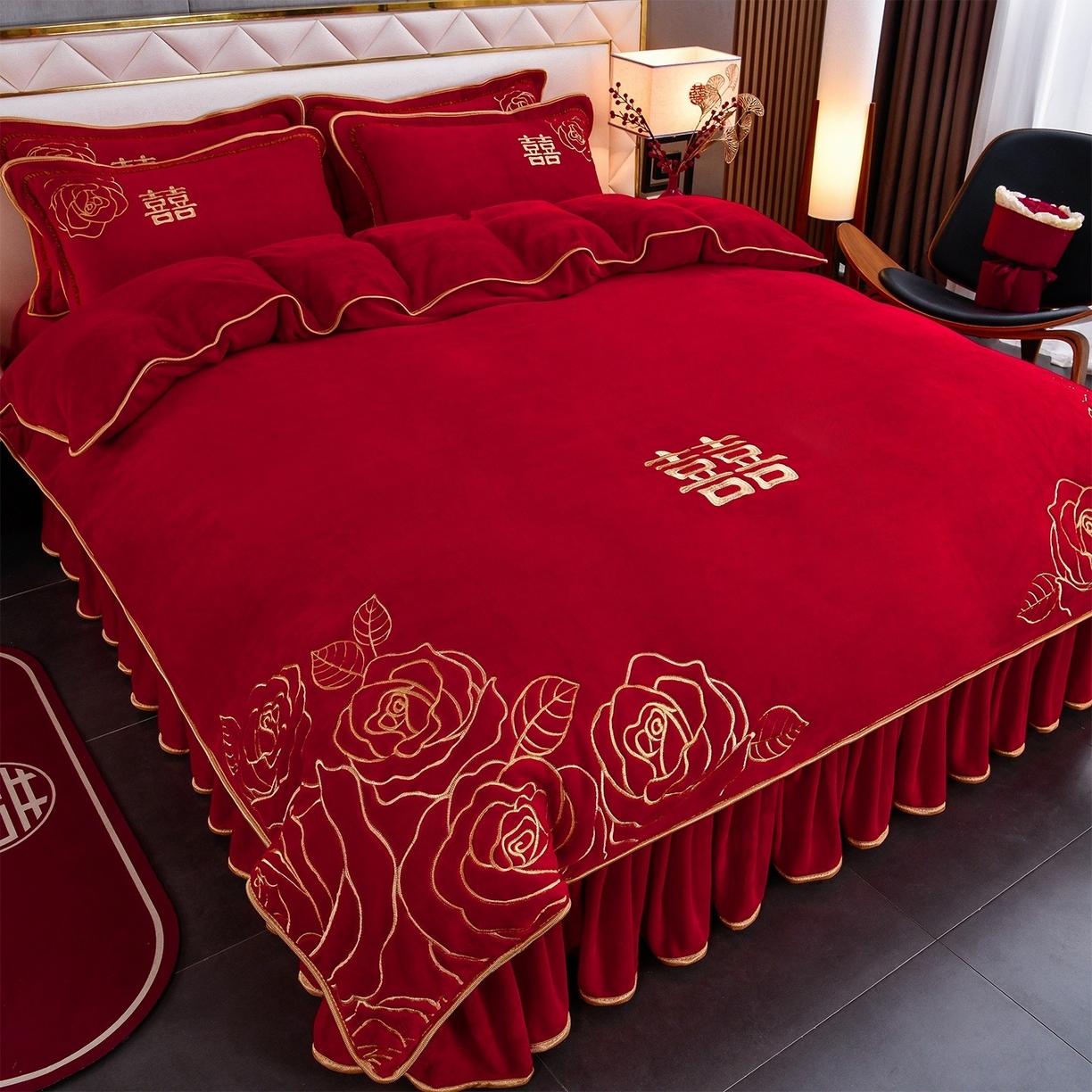 91家纺网 家纺一手货源 找家纺 （总）居尚家纺 2025新款牛奶绒大红婚庆刺绣四件套