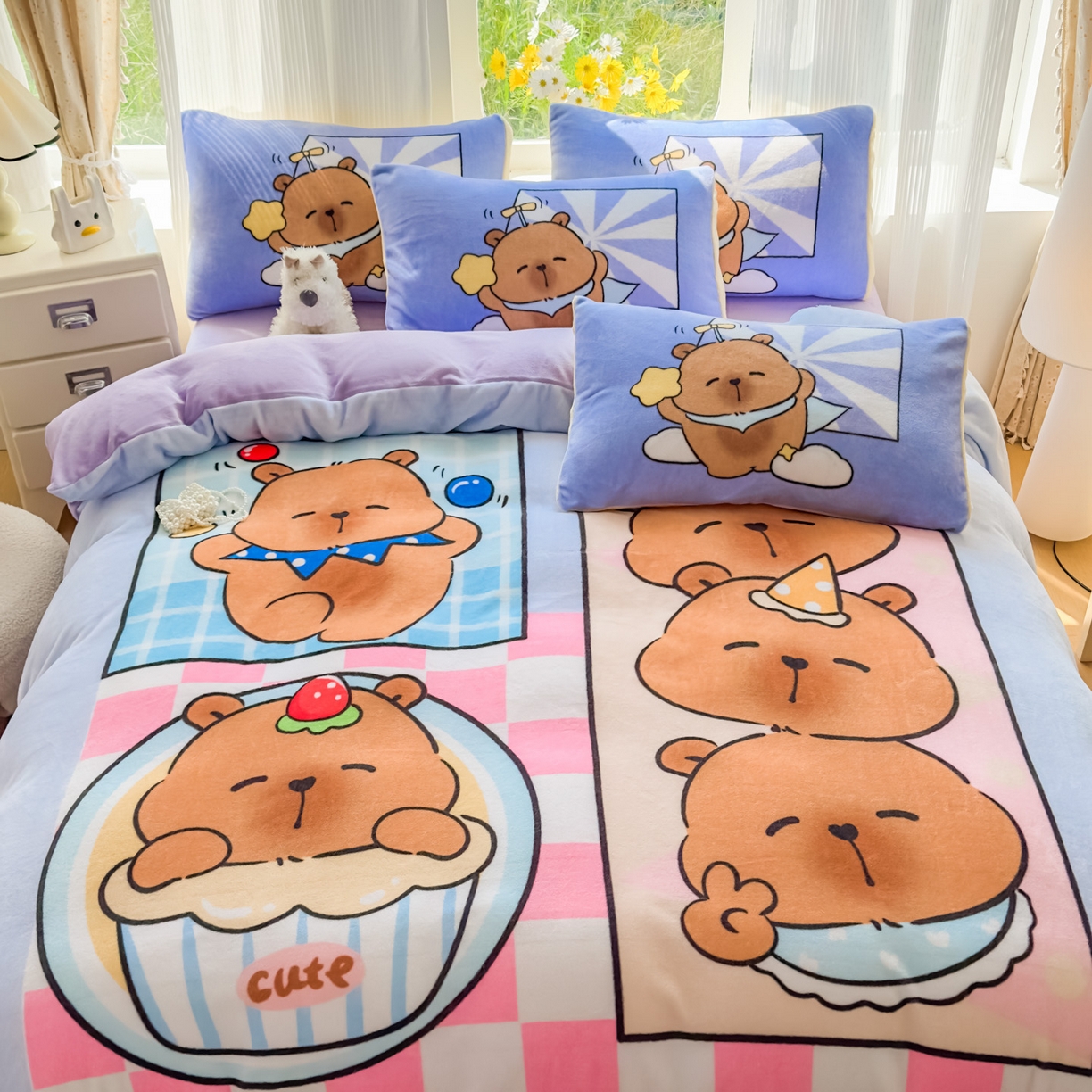 91家纺网 家纺一手货源 找家纺 浩诚 2025新款高克重原创设计牛奶绒大版卡通四件套第2批 调皮巴拉