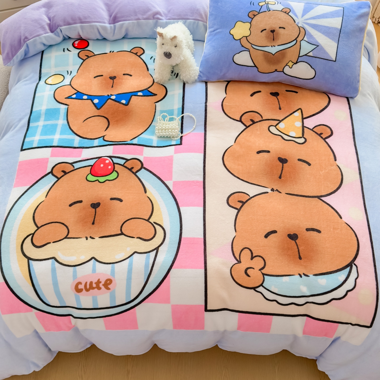 91家纺网 家纺一手货源 找家纺 浩诚 2025新款高克重原创设计牛奶绒大版卡通四件套第2批 调皮巴拉