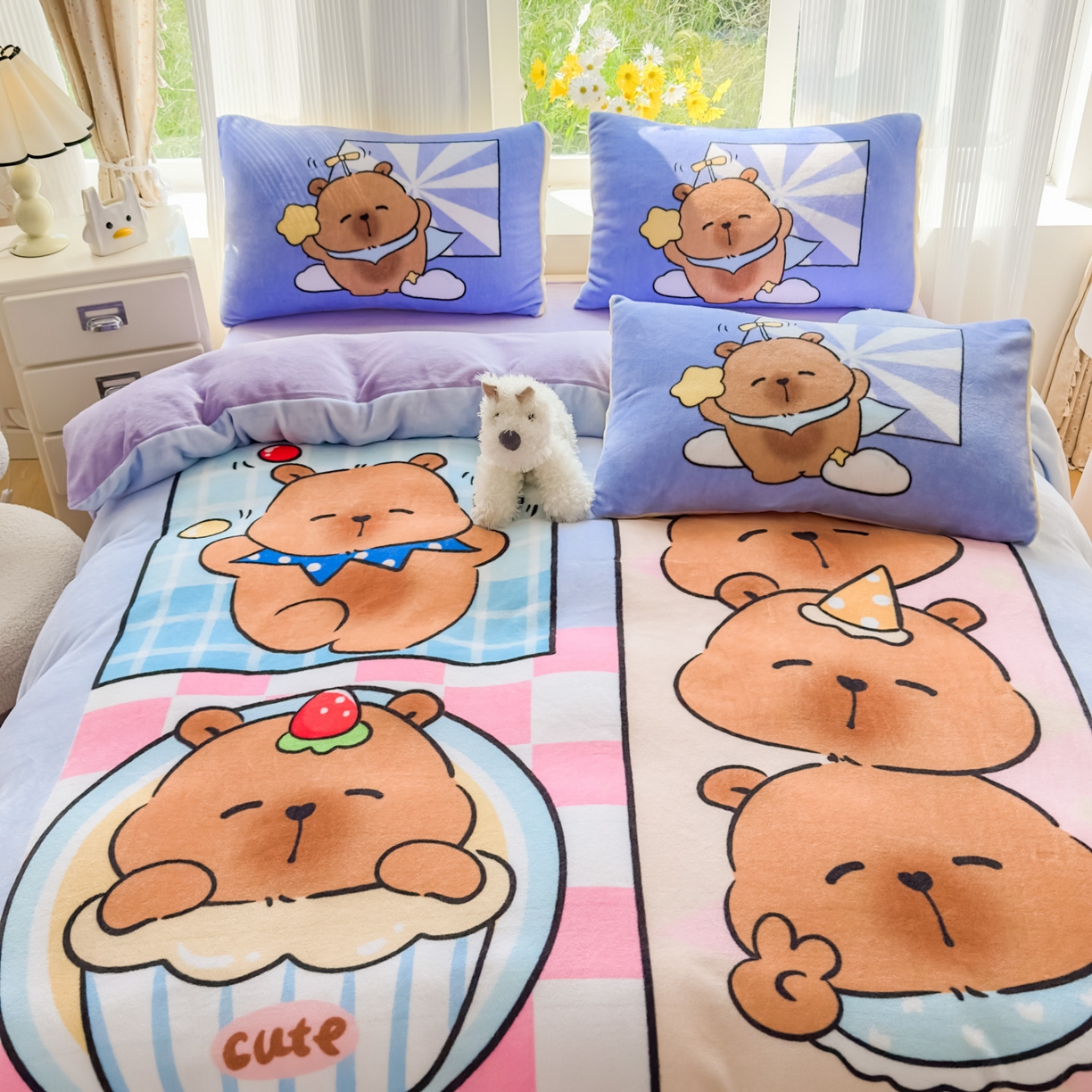 91家纺网 家纺一手货源 找家纺 浩诚 2025新款高克重原创设计牛奶绒大版卡通四件套第2批 调皮巴拉