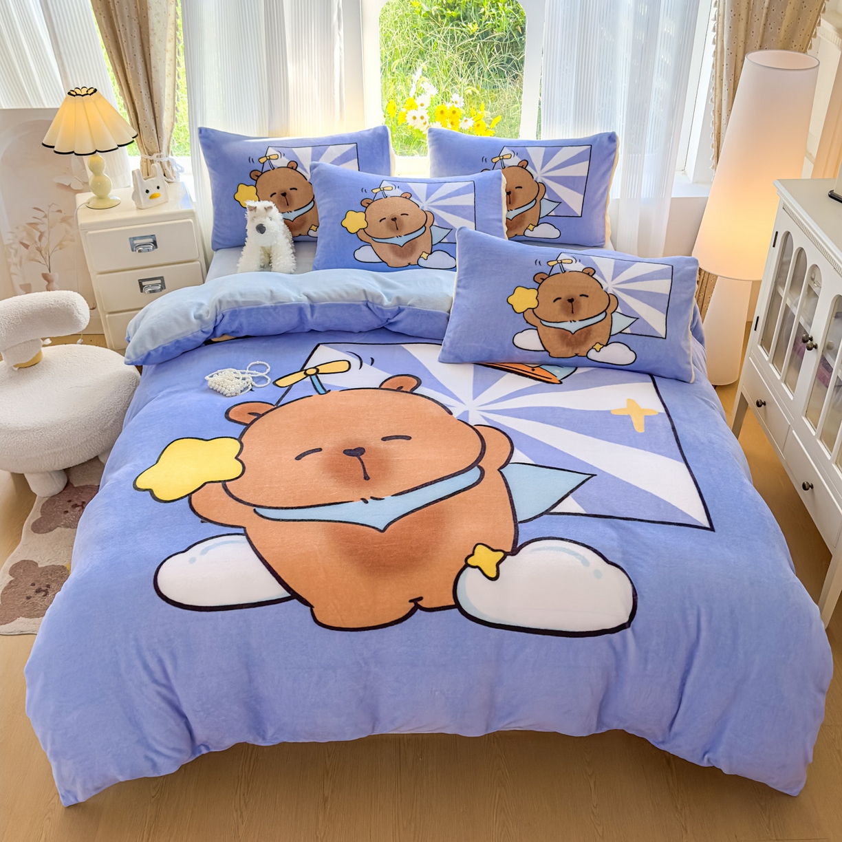 91家纺网 家纺一手货源 找家纺 浩诚 2025新款高克重原创设计牛奶绒大版卡通四件套第2批 飞行员卡卡