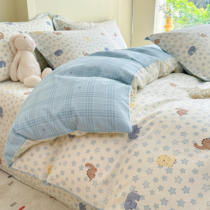 91家纺网 家纺一手货源 找家纺 绵庭家纺 2025新款田园花卉全棉纯棉印花四件套 蓝星动物园