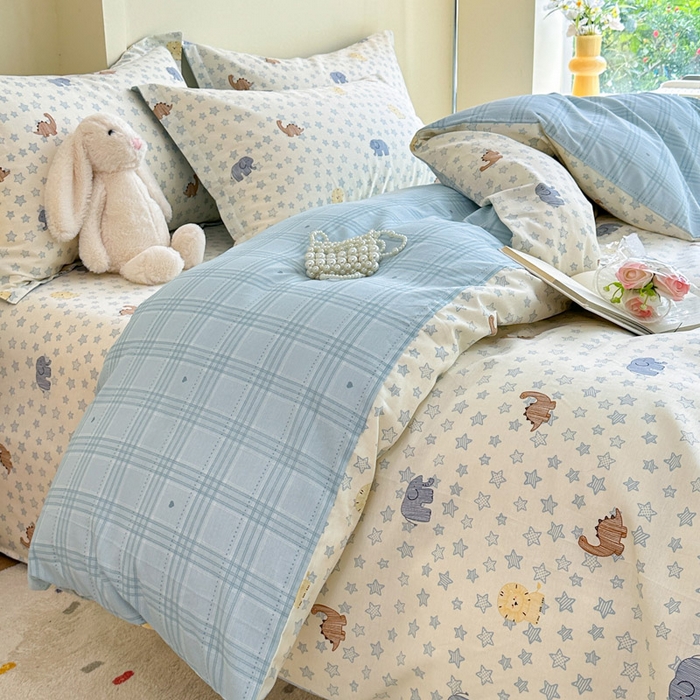 91家纺网 家纺一手货源 找家纺 绵庭家纺 2025新款田园花卉全棉纯棉印花四件套 蓝星动物园