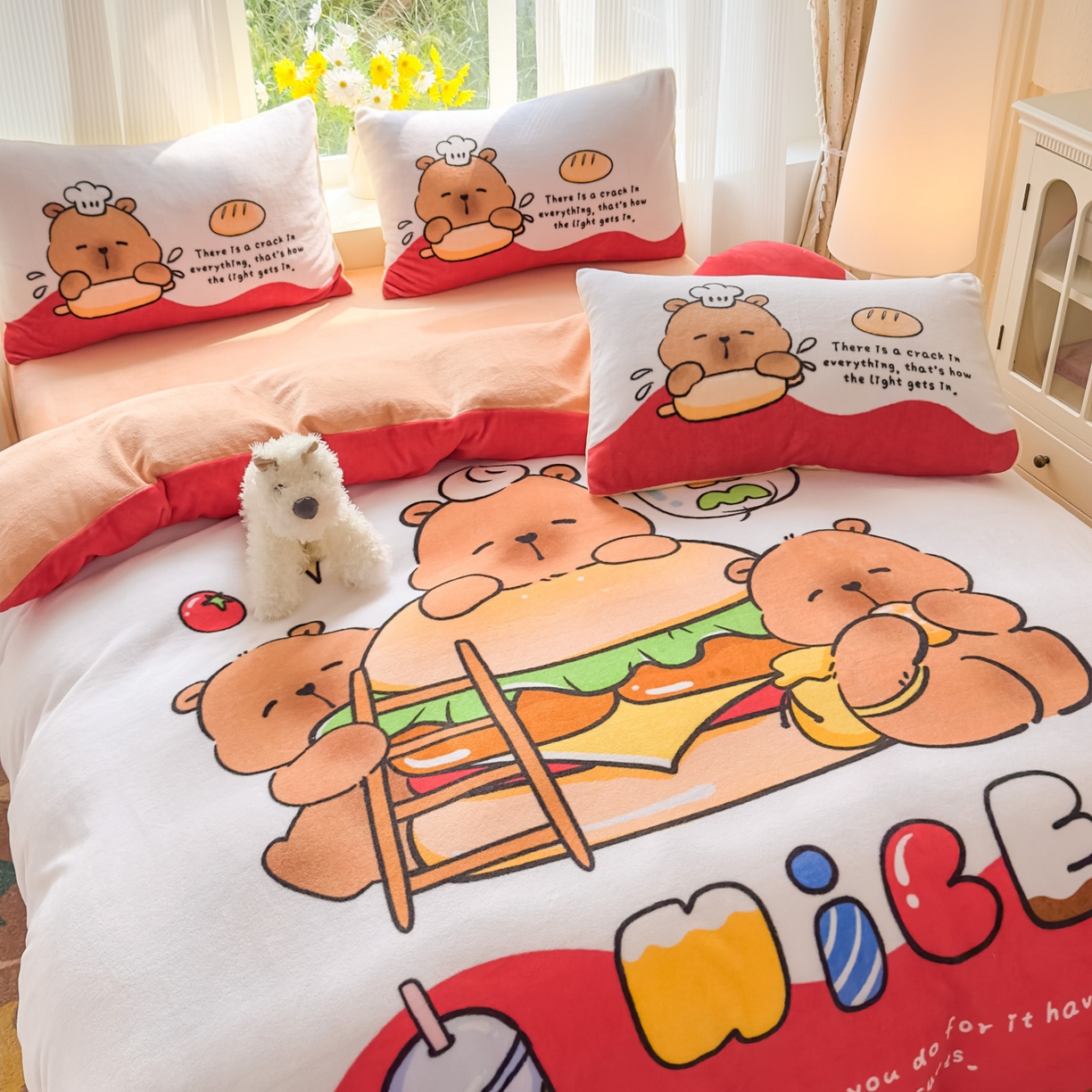 91家纺网 家纺一手货源 找家纺 浩诚 2025新款高克重原创设计牛奶绒大版卡通四件套第2批 汉堡巴拉