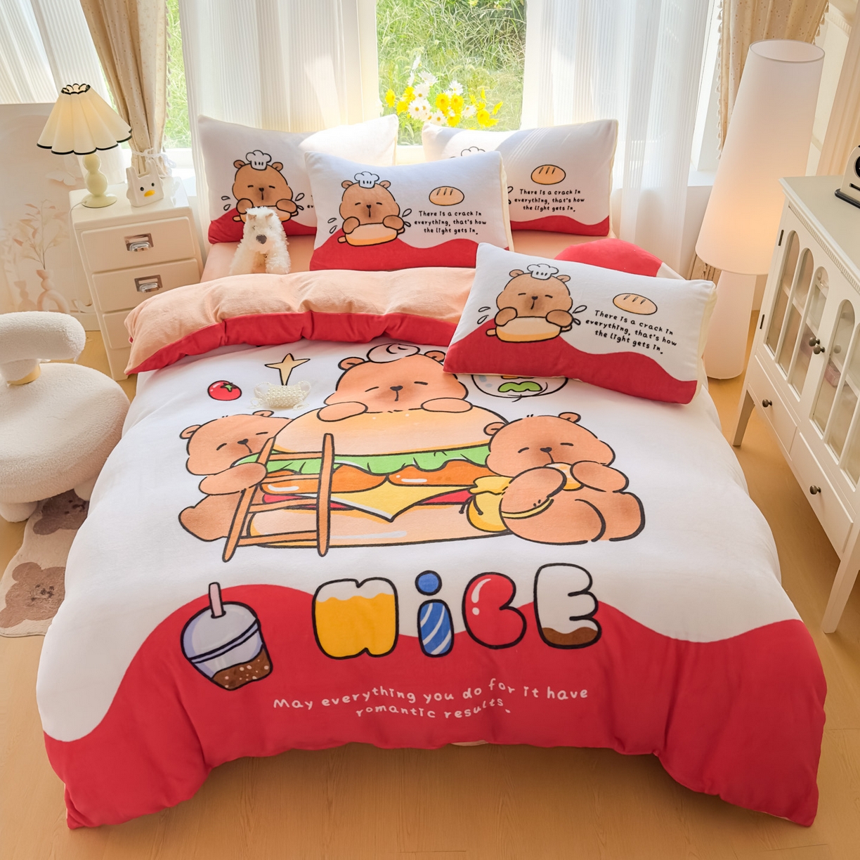 91家纺网 家纺一手货源 找家纺 浩诚 2025新款高克重原创设计牛奶绒大版卡通四件套第2批 汉堡巴拉