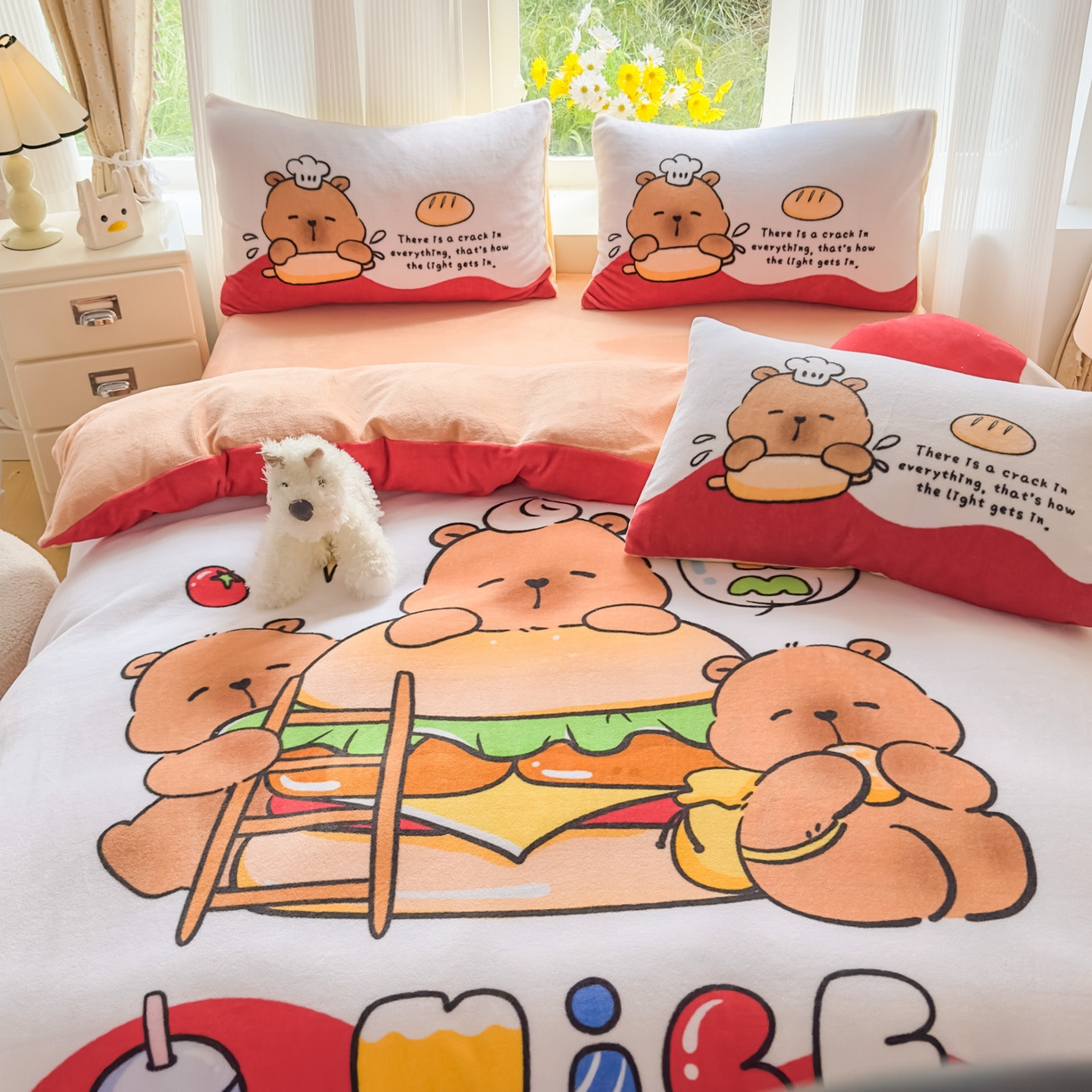 91家纺网 家纺一手货源 找家纺 浩诚 2025新款高克重原创设计牛奶绒大版卡通四件套第2批 汉堡巴拉