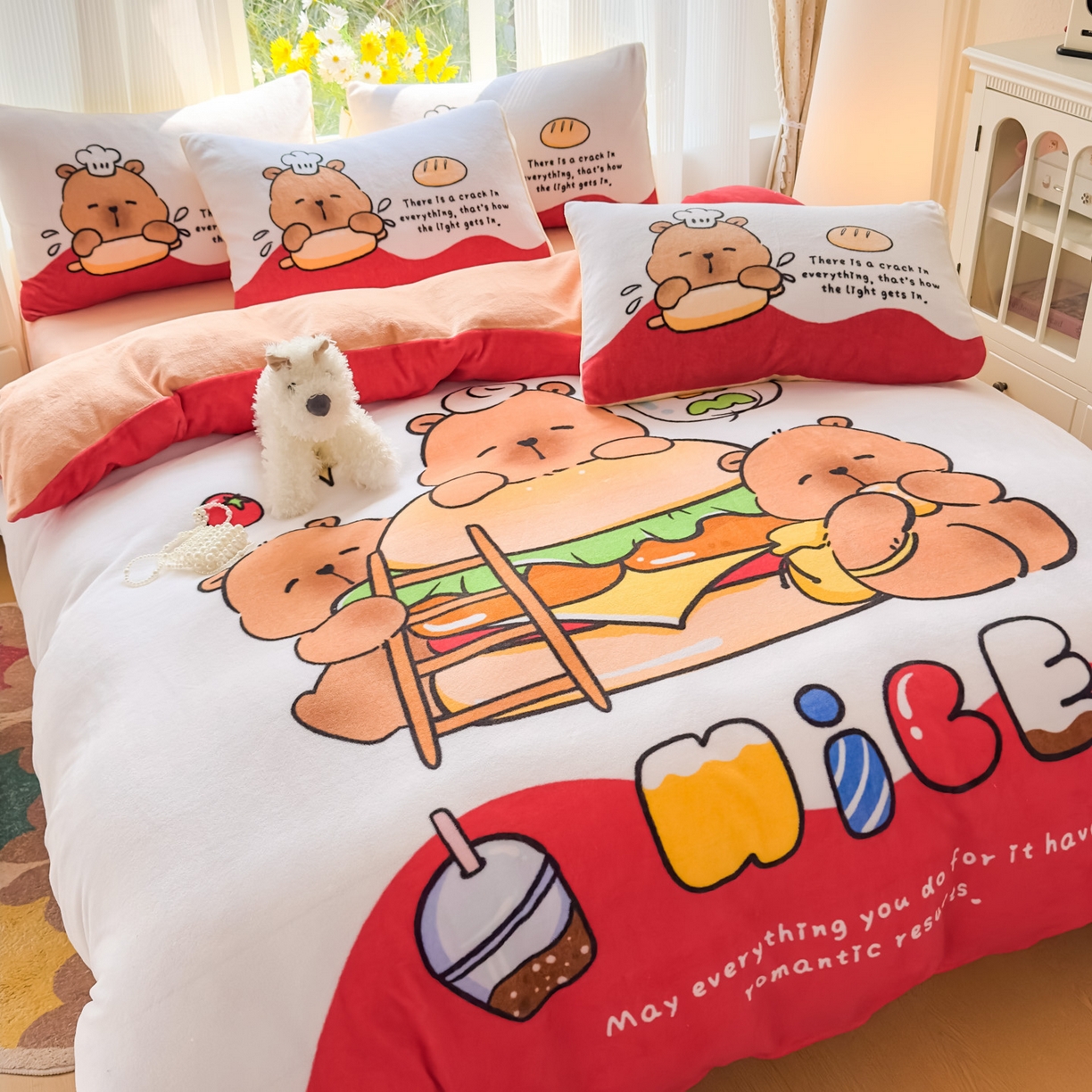 91家纺网 家纺一手货源 找家纺 浩诚 2025新款高克重原创设计牛奶绒大版卡通四件套第2批 汉堡巴拉