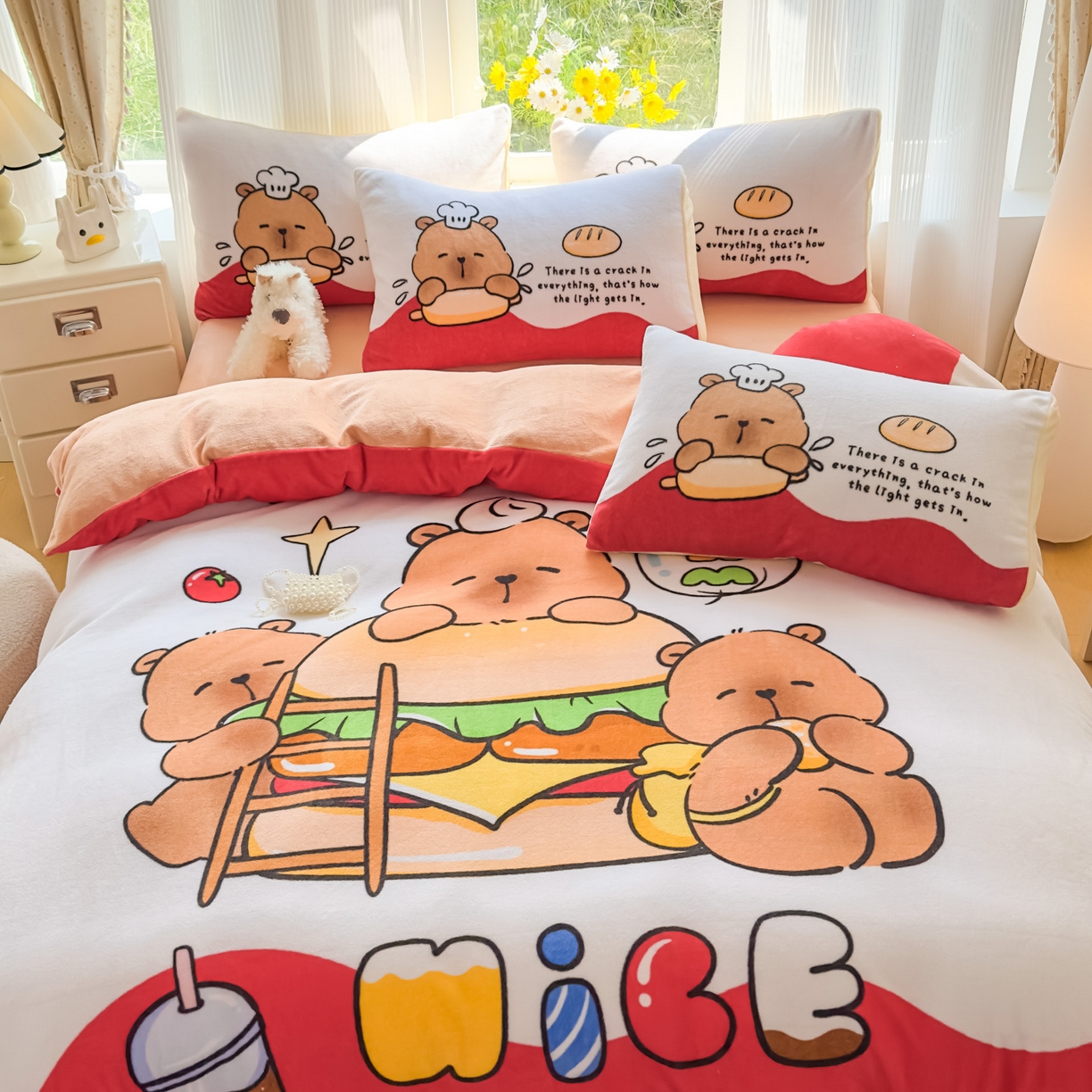 91家纺网 家纺一手货源 找家纺 浩诚 2025新款高克重原创设计牛奶绒大版卡通四件套第2批 汉堡巴拉