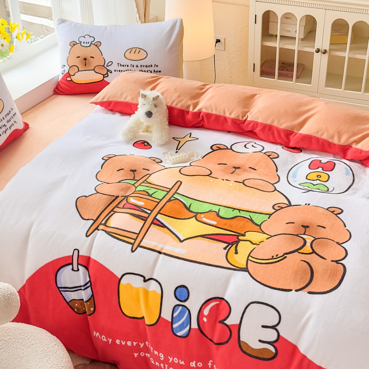 91家纺网 家纺一手货源 找家纺 浩诚 2025新款高克重原创设计牛奶绒大版卡通四件套第2批 汉堡巴拉