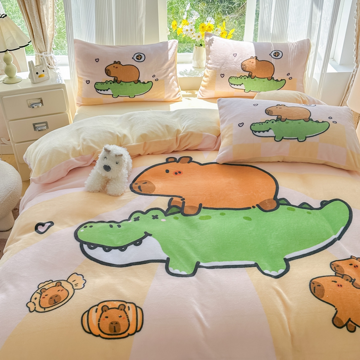 91家纺网 家纺一手货源 找家纺 浩诚 2025新款高克重原创设计牛奶绒大版卡通四件套第2批 趴趴巴拉