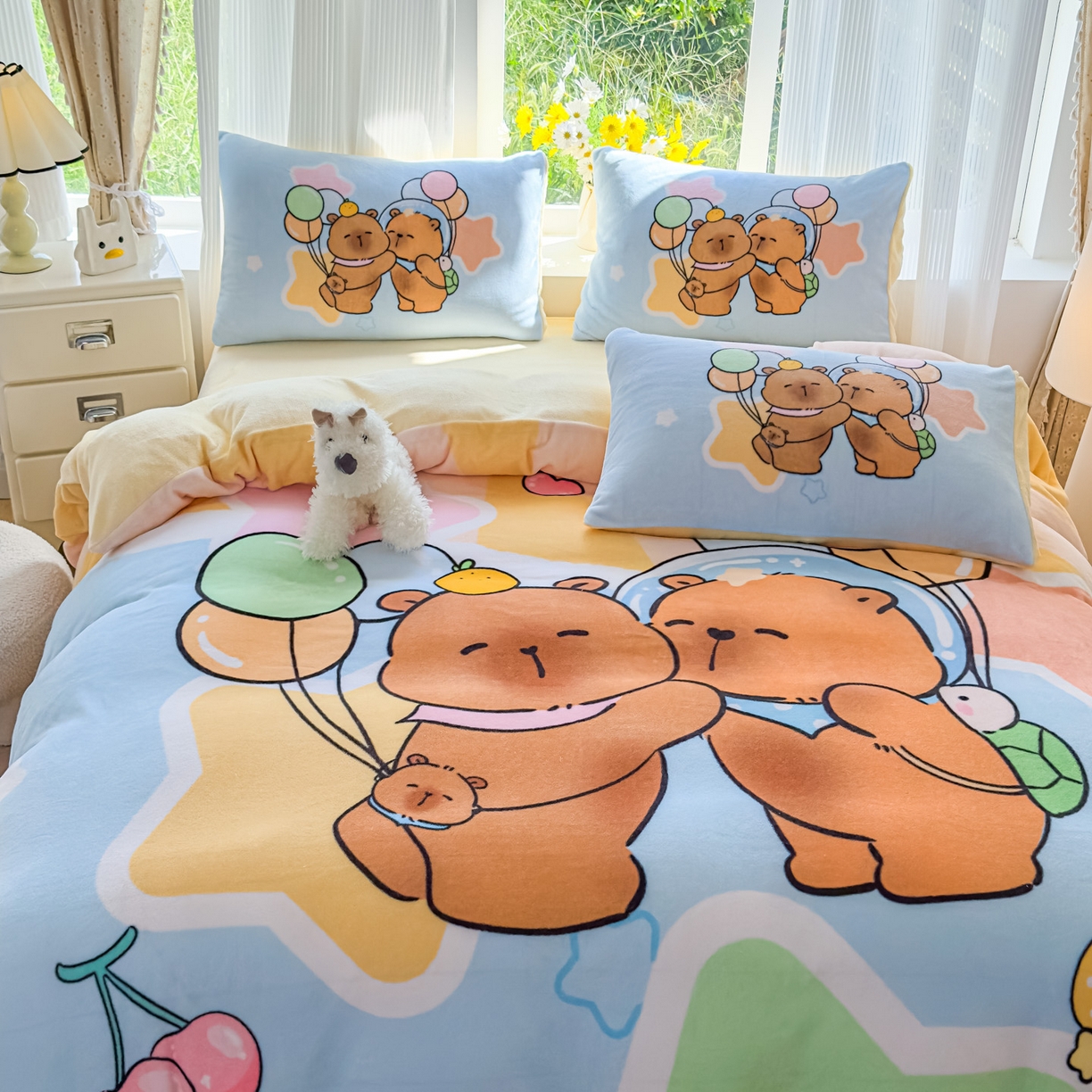 91家纺网 家纺一手货源 找家纺 浩诚 2025新款高克重原创设计牛奶绒大版卡通四件套第2批 气球巴拉