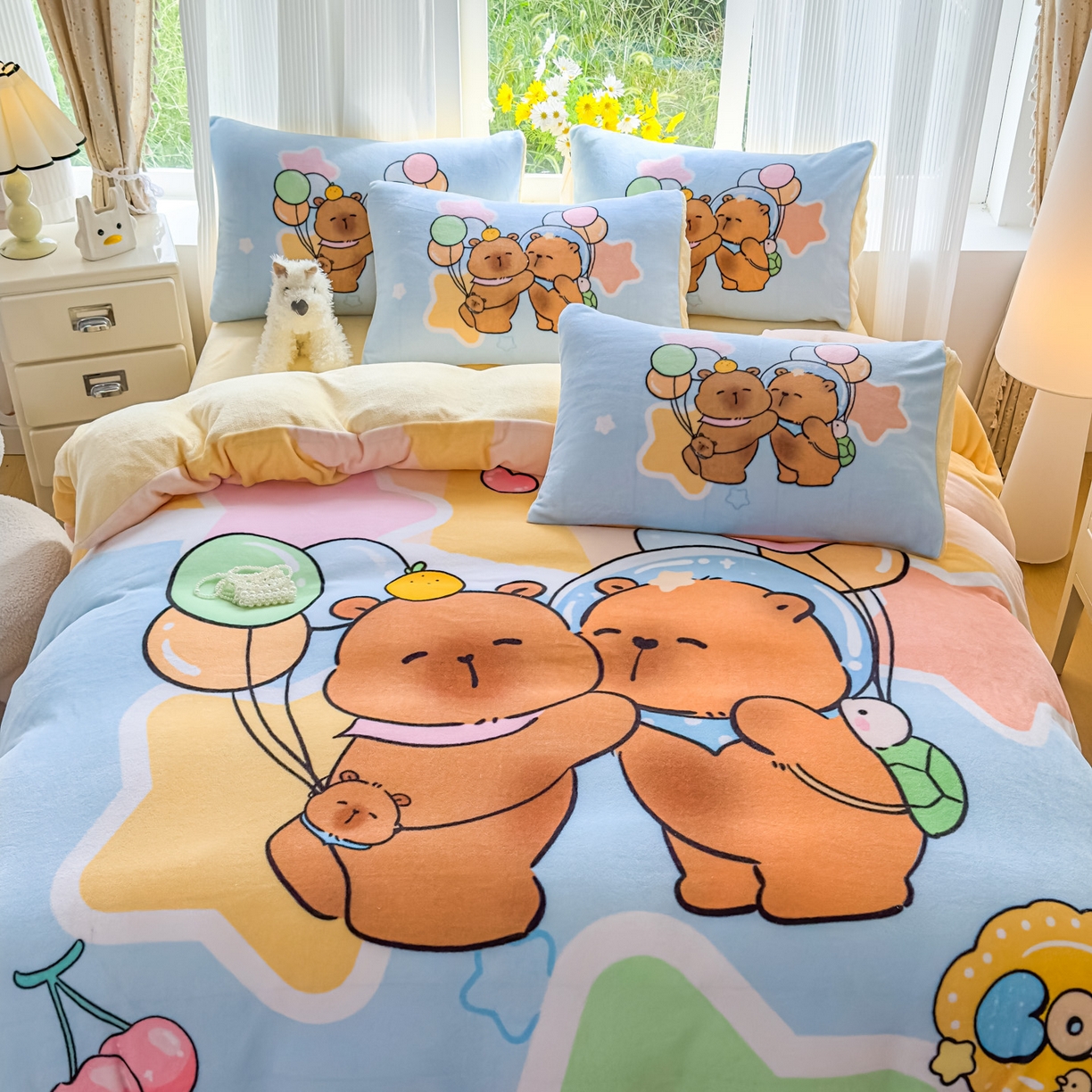 91家纺网 家纺一手货源 找家纺 浩诚 2025新款高克重原创设计牛奶绒大版卡通四件套第2批 气球巴拉