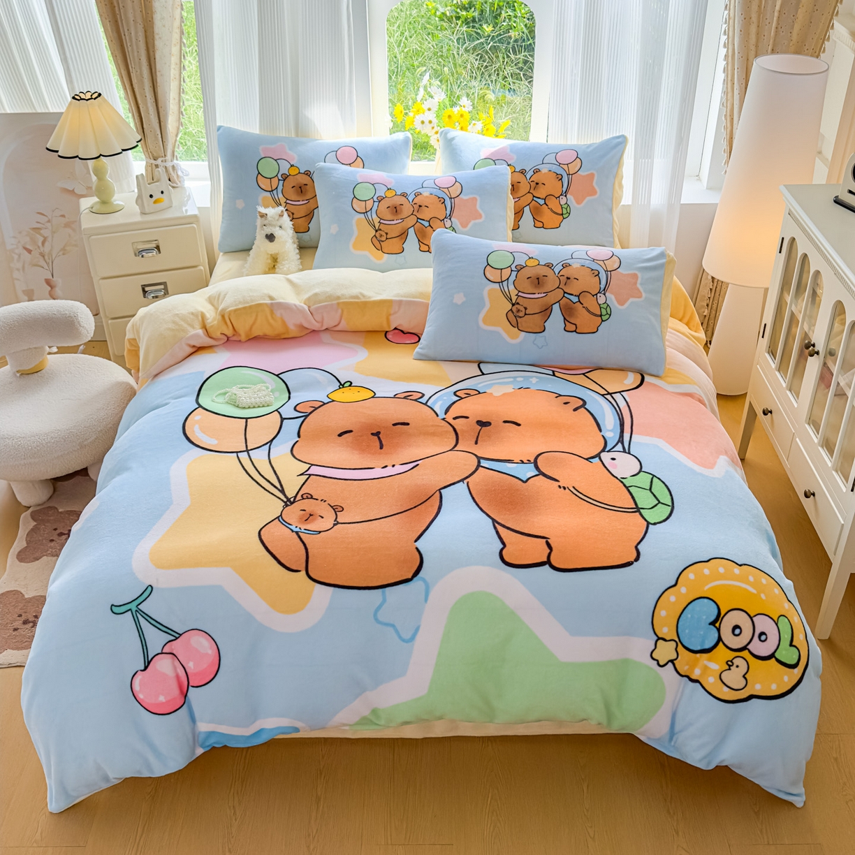 91家纺网 家纺一手货源 找家纺 浩诚 2025新款高克重原创设计牛奶绒大版卡通四件套第2批 气球巴拉