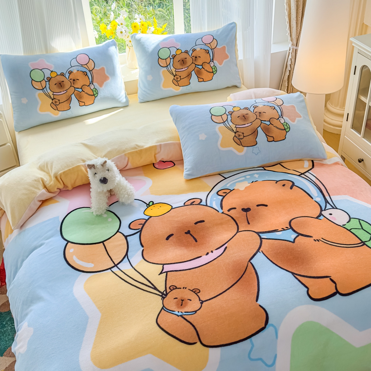 91家纺网 家纺一手货源 找家纺 浩诚 2025新款高克重原创设计牛奶绒大版卡通四件套第2批 气球巴拉