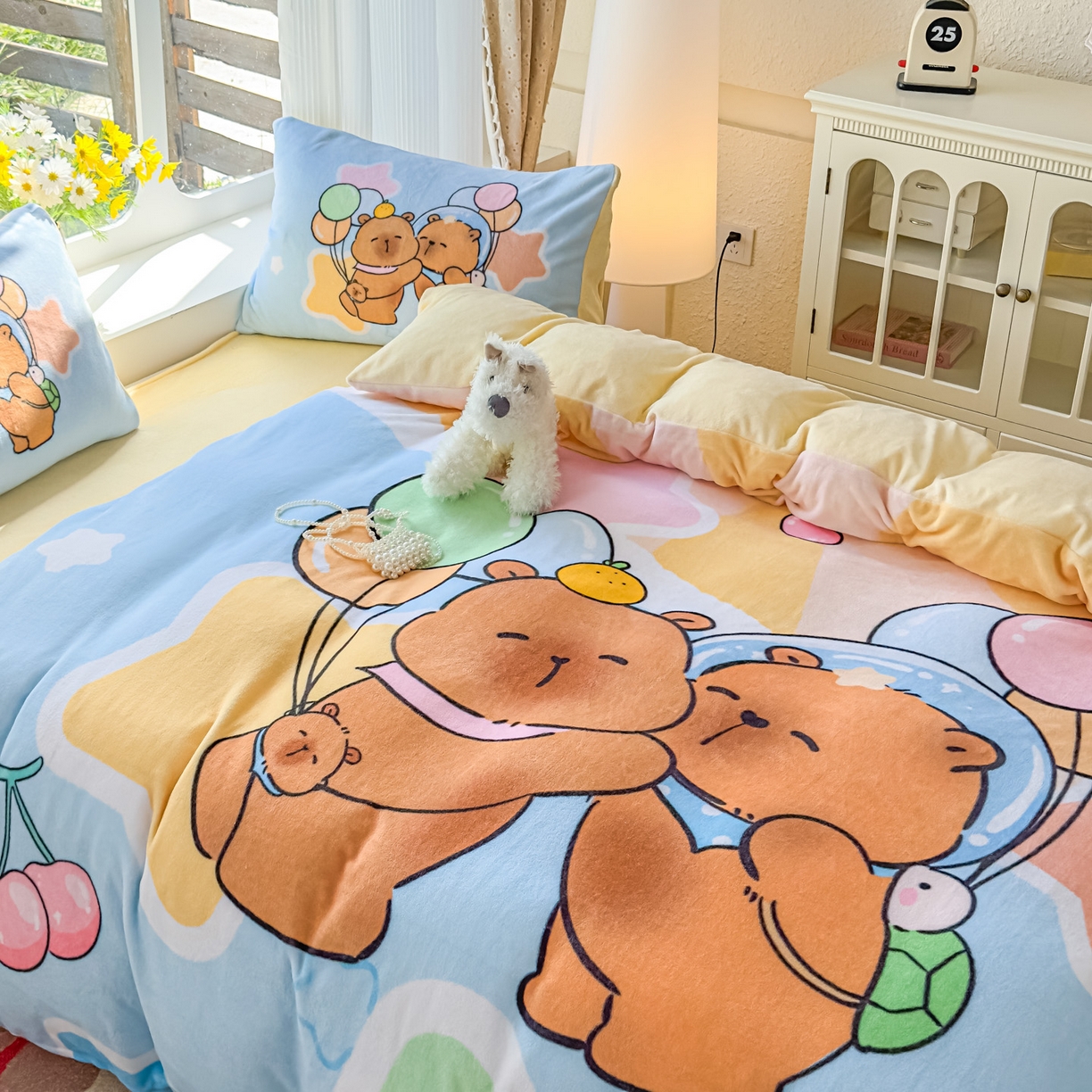 91家纺网 家纺一手货源 找家纺 浩诚 2025新款高克重原创设计牛奶绒大版卡通四件套第2批 气球巴拉