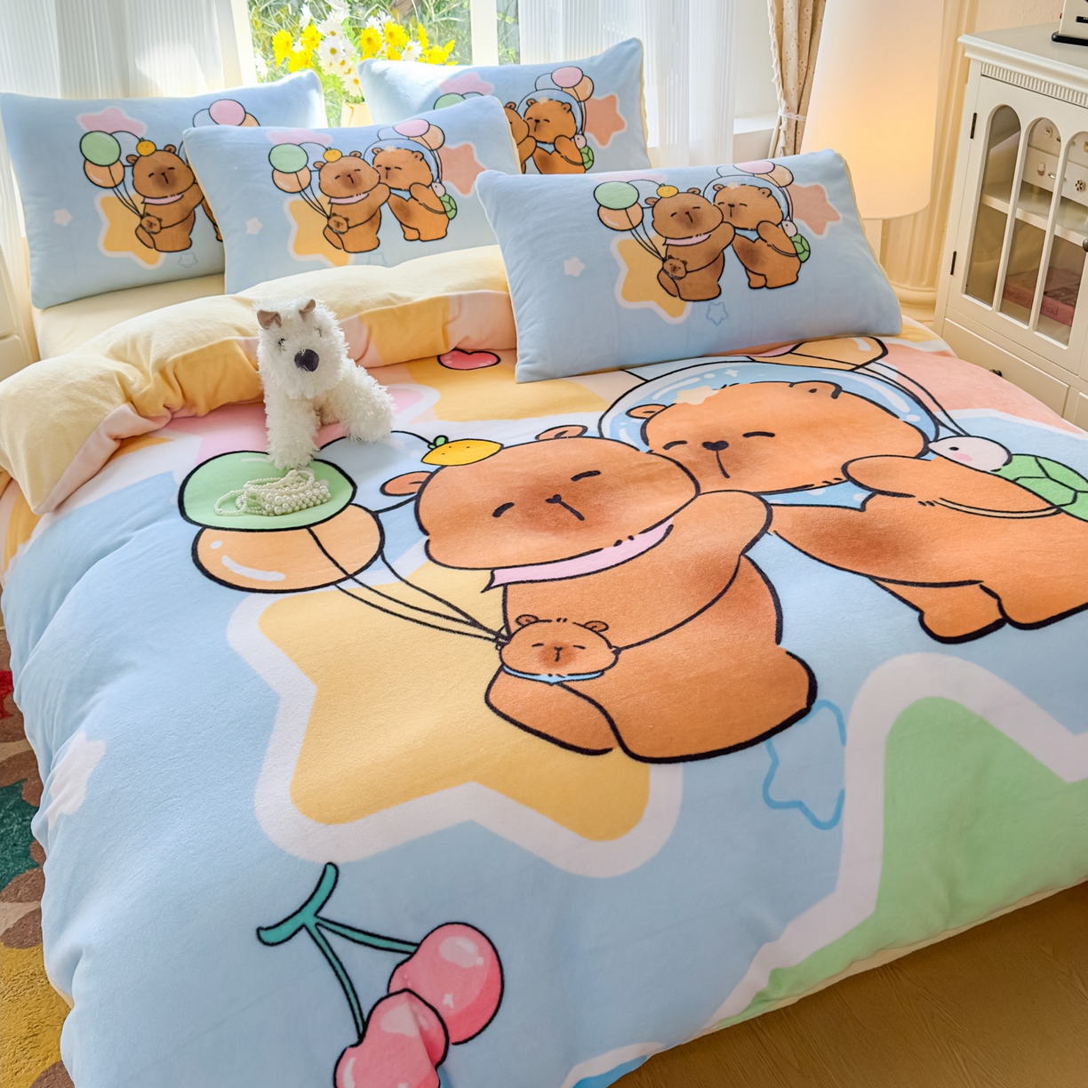 91家纺网 家纺一手货源 找家纺 浩诚 2025新款高克重原创设计牛奶绒大版卡通四件套第2批 气球巴拉