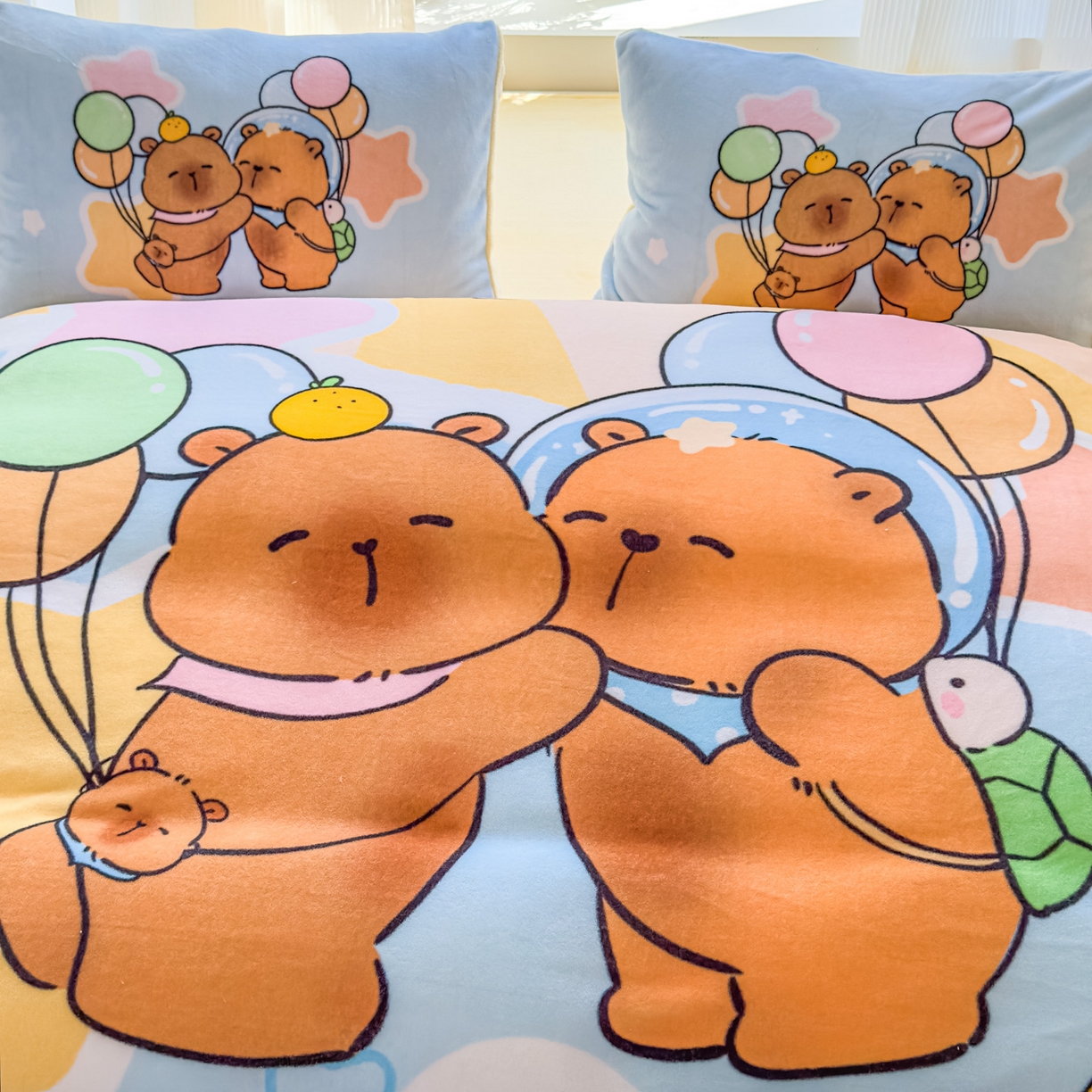 91家纺网 家纺一手货源 找家纺 浩诚 2025新款高克重原创设计牛奶绒大版卡通四件套第2批 气球巴拉