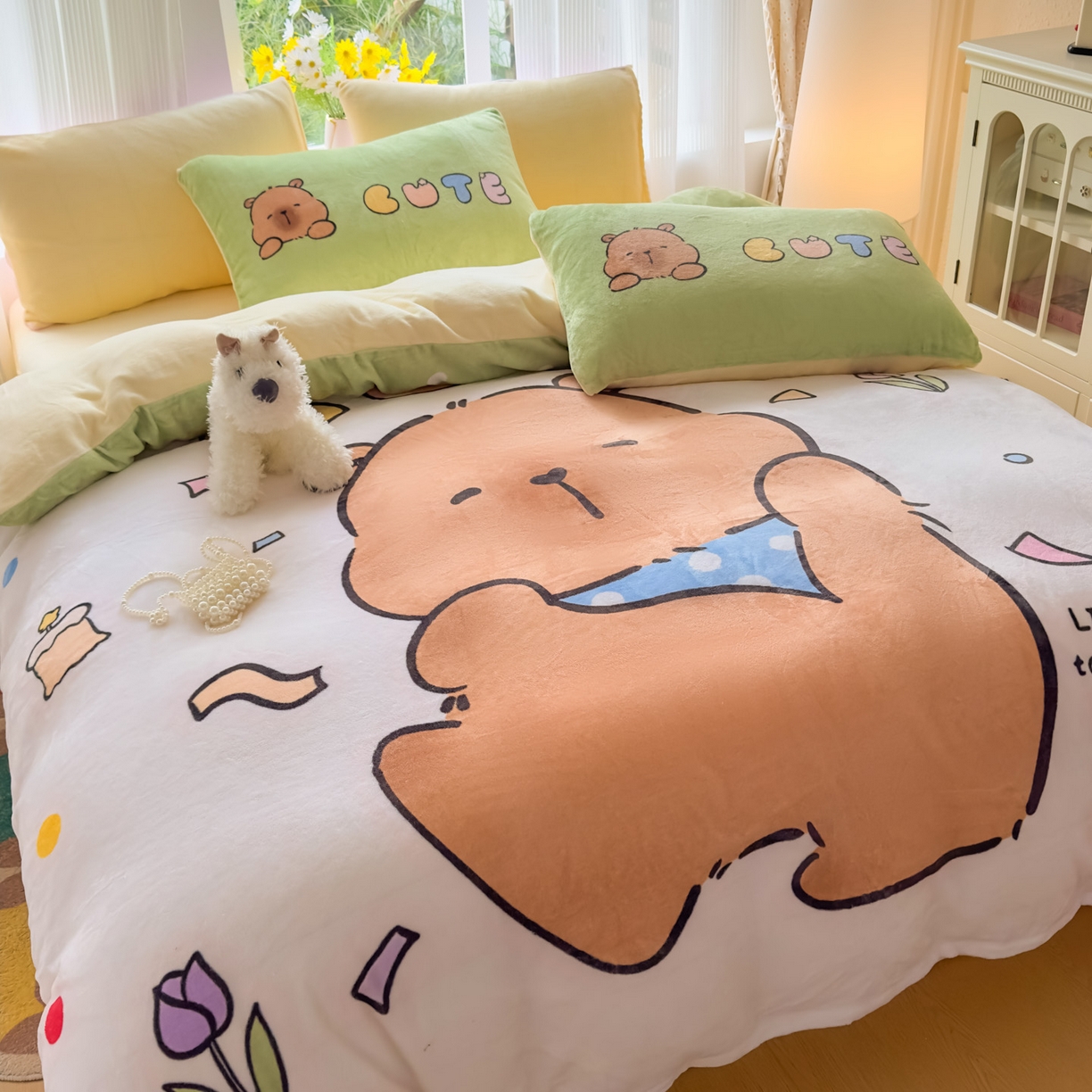 91家纺网 家纺一手货源 找家纺 浩诚 2025新款高克重原创设计牛奶绒大版卡通四件套第2批 水豚巴拉