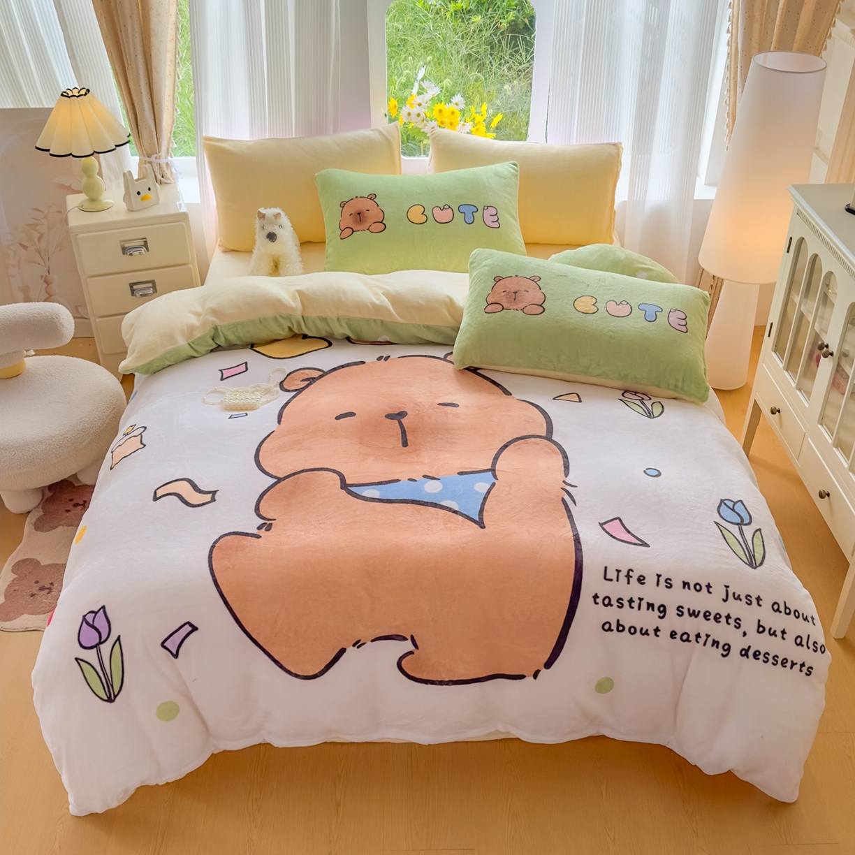 91家纺网 家纺一手货源 找家纺 浩诚 2025新款高克重原创设计牛奶绒大版卡通四件套第2批 水豚巴拉