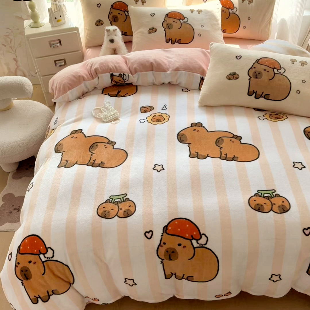 91家纺网 家纺一手货源 找家纺 浩诚 2025新款高克重原创设计牛奶绒大版卡通四件套第2批 条纹巴拉