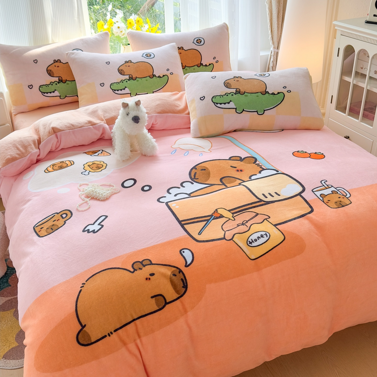 91家纺网 家纺一手货源 找家纺 浩诚 2025新款高克重原创设计牛奶绒大版卡通四件套第2批 向往的生活