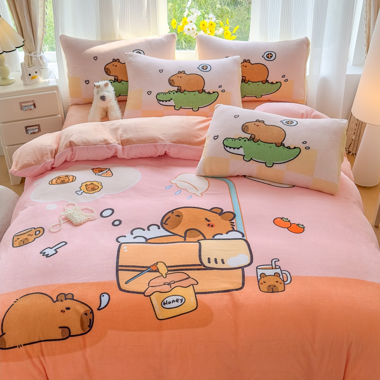 91家纺网 家纺一手货源 找家纺 浩诚 2025新款高克重原创设计牛奶绒大版卡通四件套第2批 向往的生活