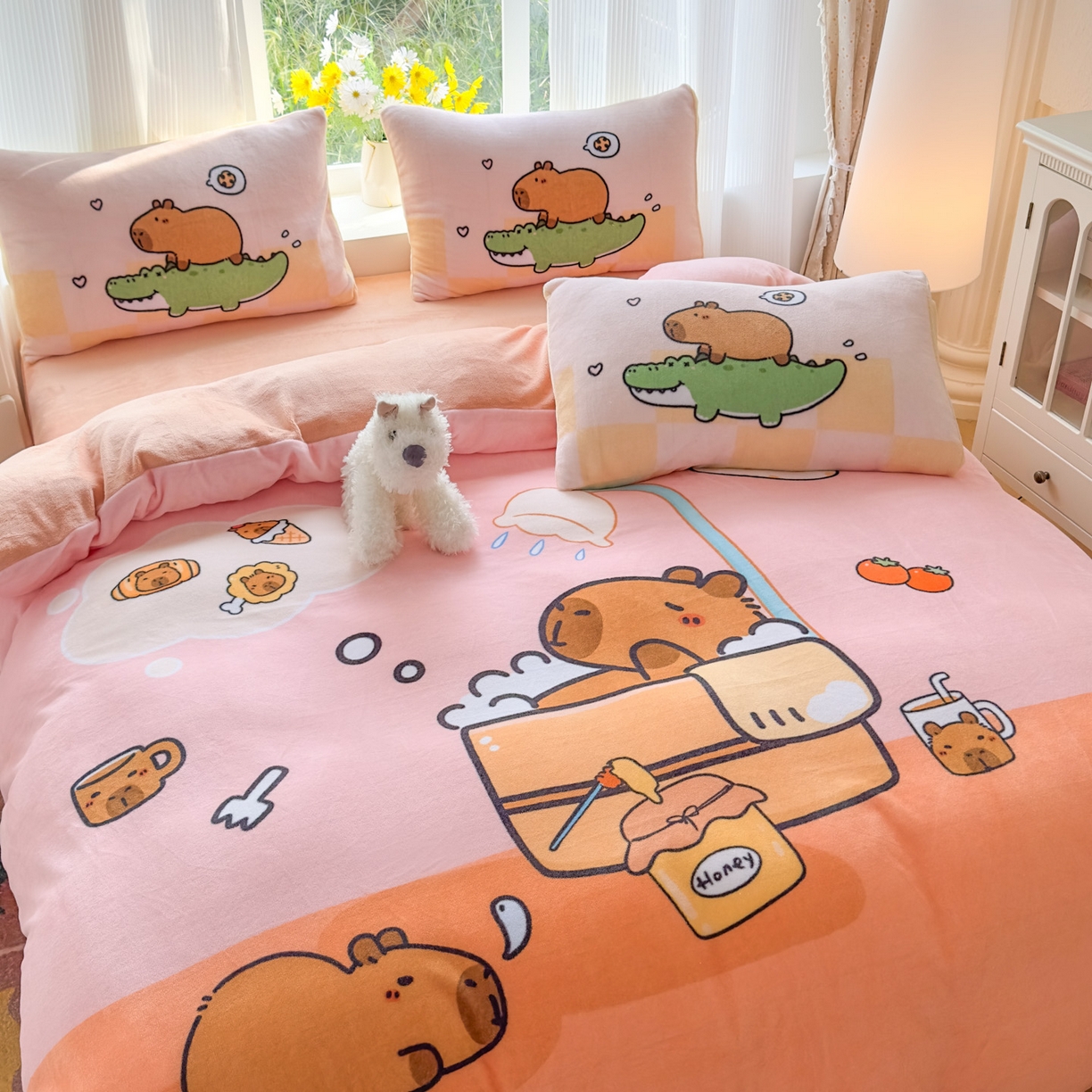 91家纺网 家纺一手货源 找家纺 浩诚 2025新款高克重原创设计牛奶绒大版卡通四件套第2批 向往的生活