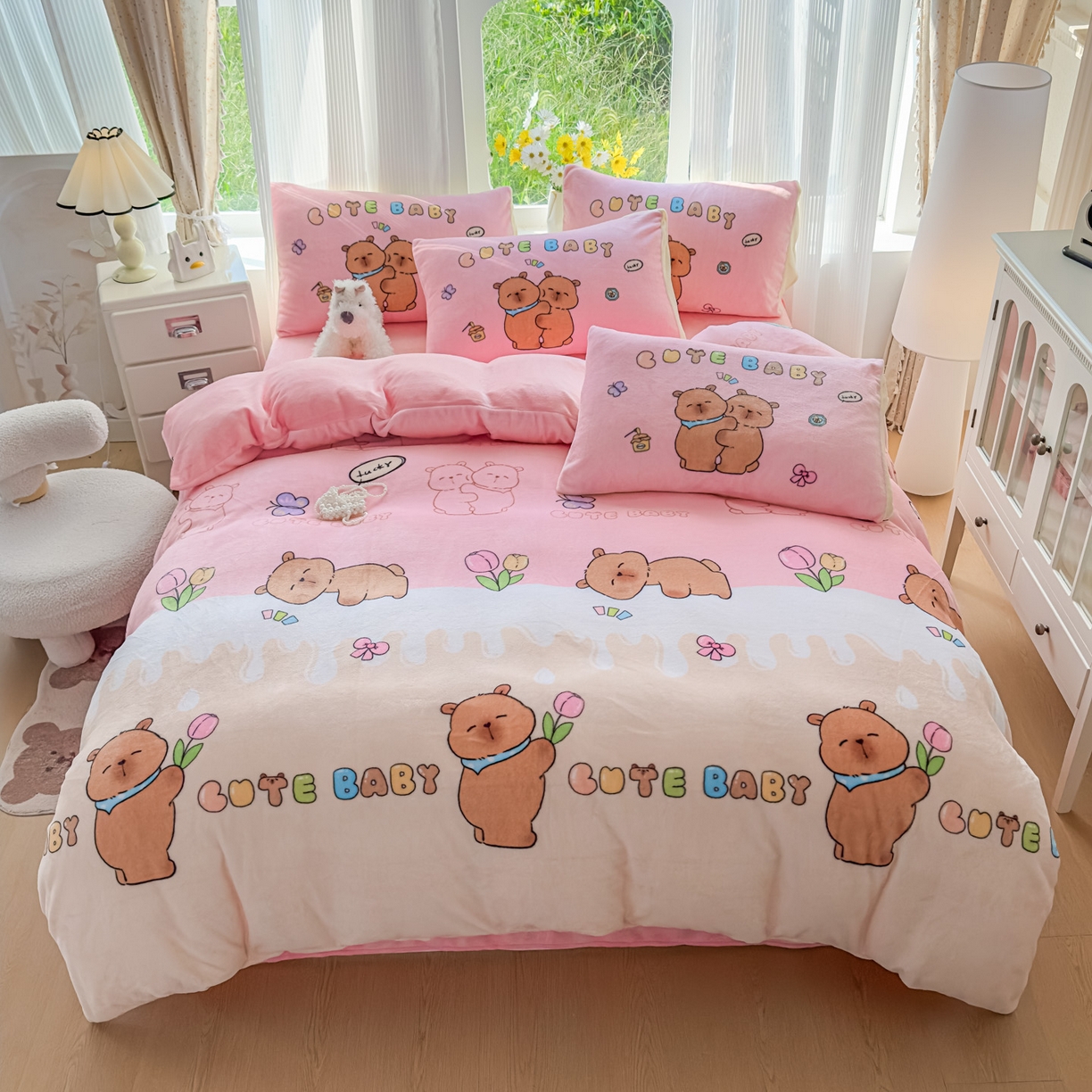 91家纺网 家纺一手货源 找家纺 浩诚 2025新款高克重原创设计牛奶绒大版卡通四件套第2批 幸运巴拉