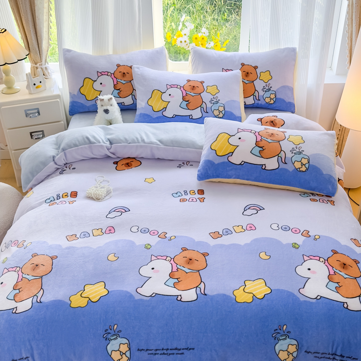 91家纺网 家纺一手货源 找家纺 浩诚 2025新款高克重原创设计牛奶绒大版卡通四件套第2批 旋转巴拉