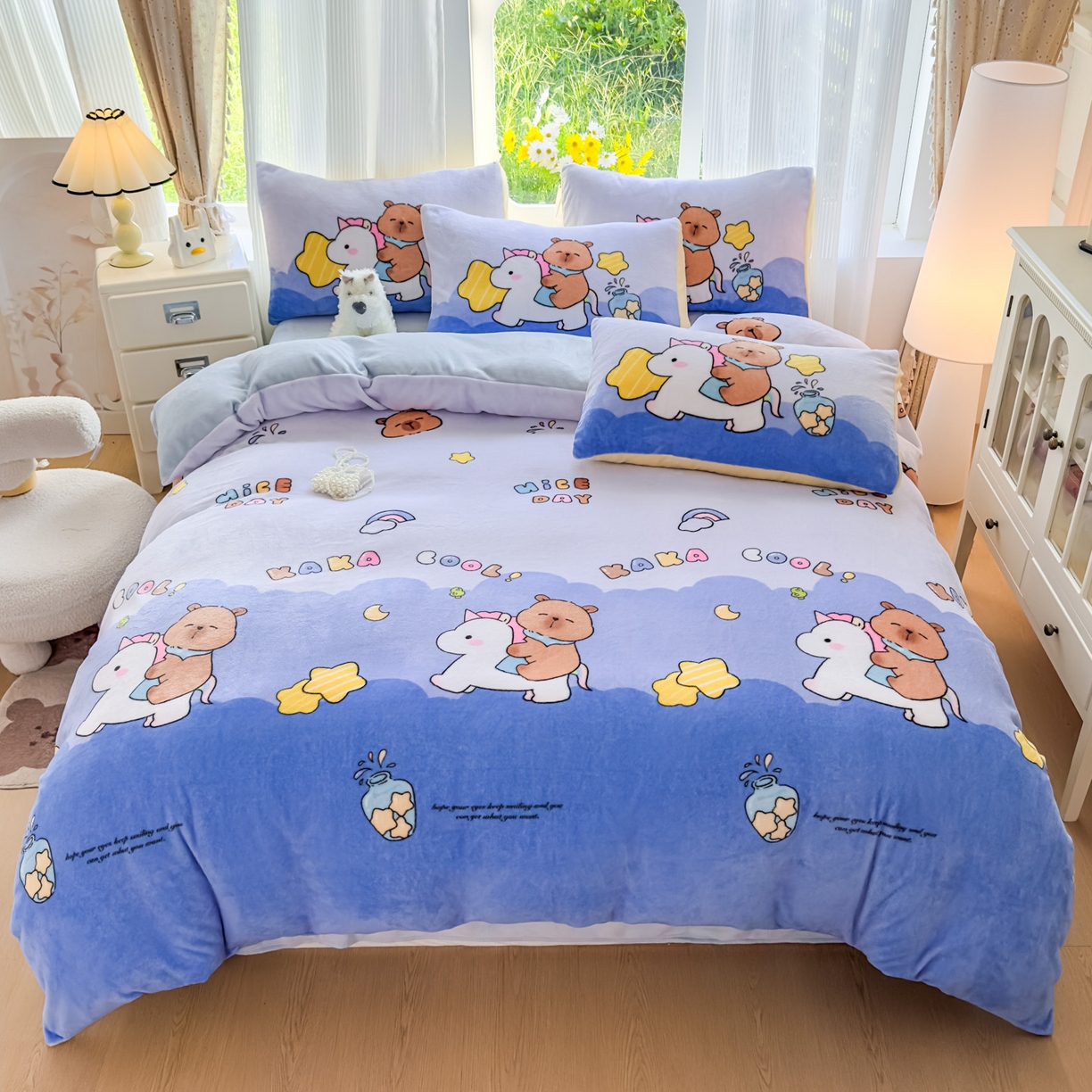 91家纺网 家纺一手货源 找家纺 浩诚 2025新款高克重原创设计牛奶绒大版卡通四件套第2批 旋转巴拉