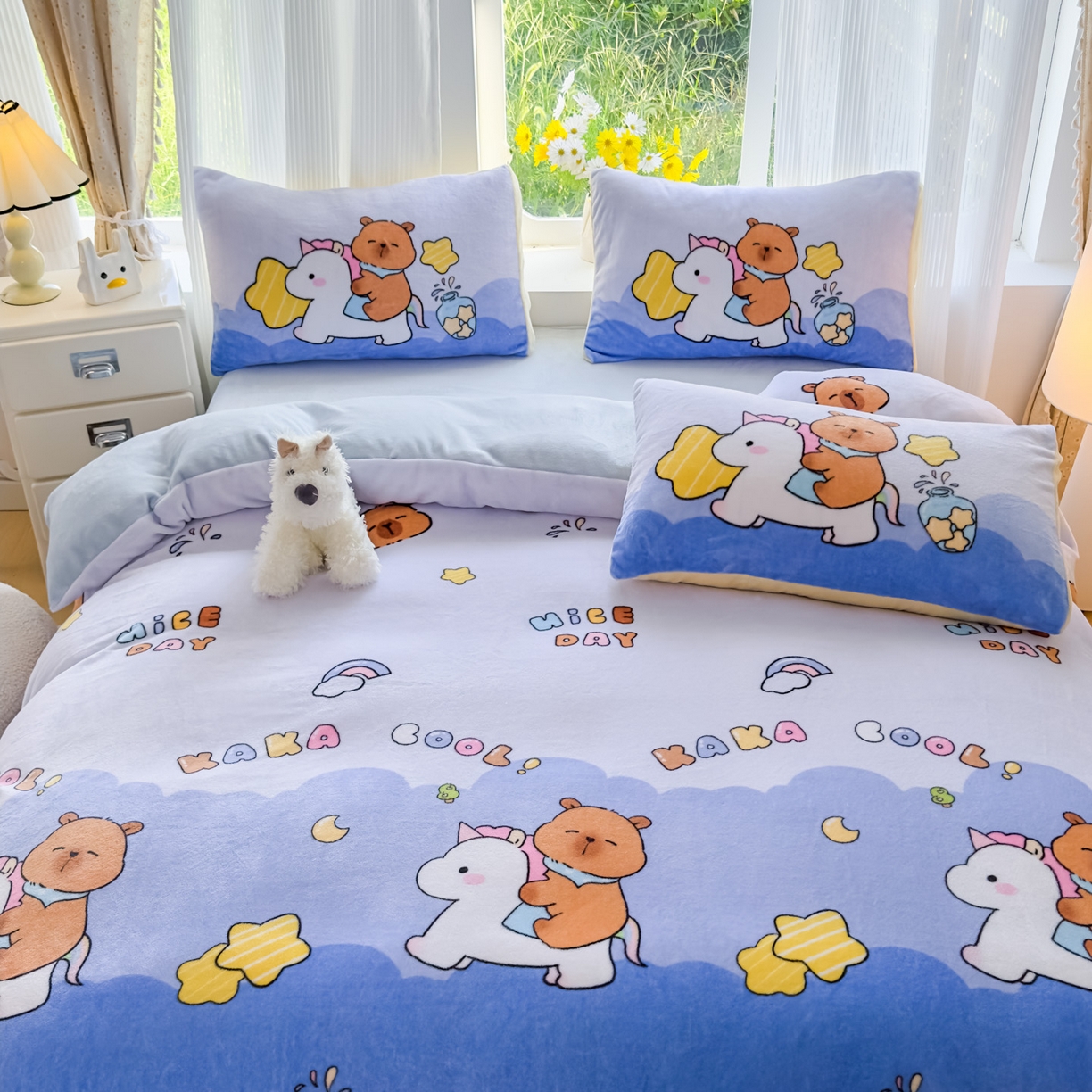 91家纺网 家纺一手货源 找家纺 浩诚 2025新款高克重原创设计牛奶绒大版卡通四件套第2批 旋转巴拉