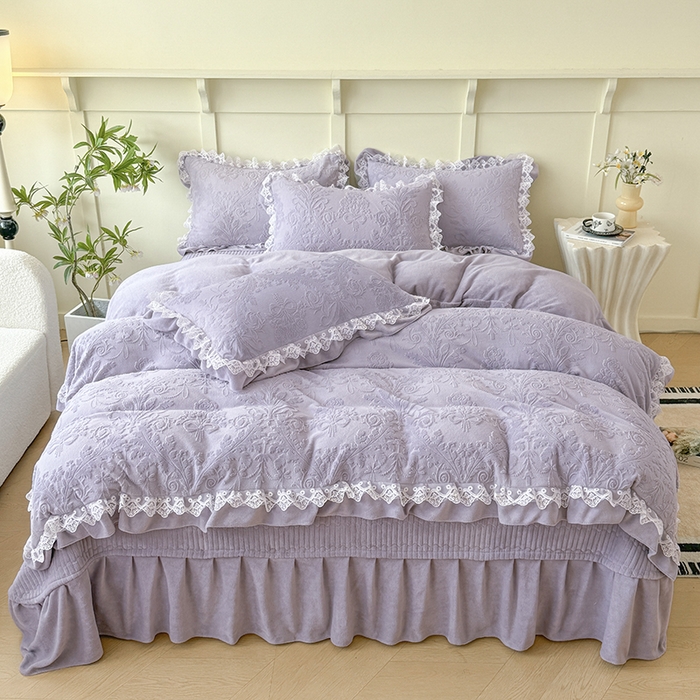 雅眠居  2025新款韩版花边高克重雕花绒牛奶绒床盖四件套 安娜花园-香芋紫