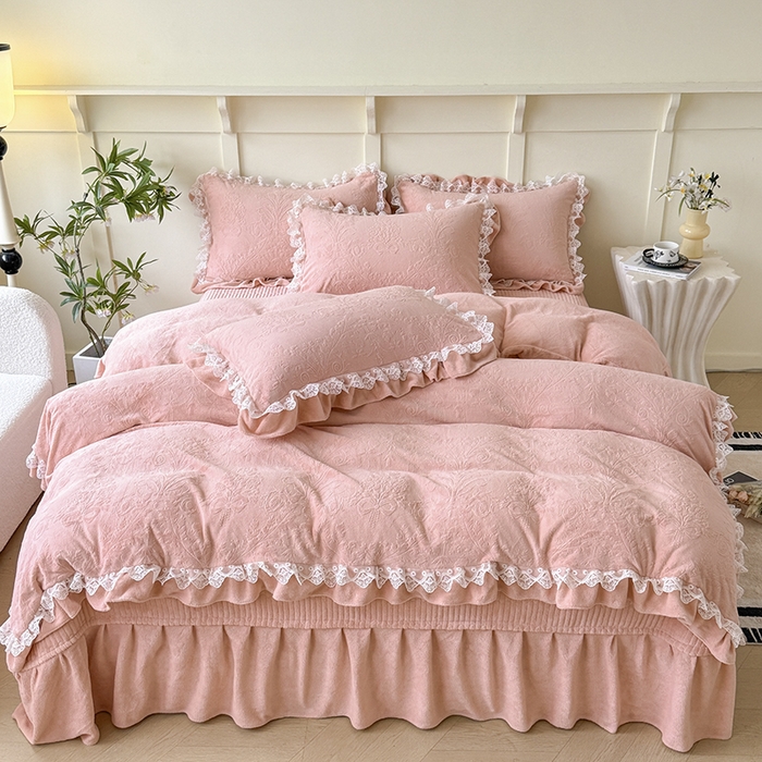 雅眠居  2025新款韩版花边高克重雕花绒牛奶绒床盖四件套 安娜花园-樱花粉