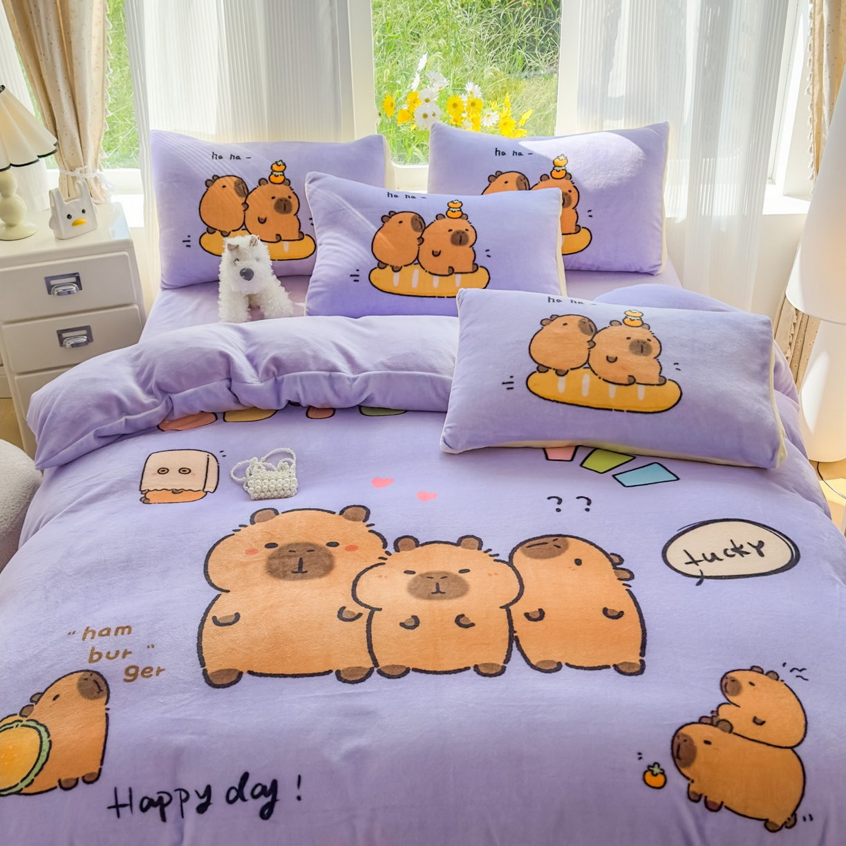 91家纺网 家纺一手货源 找家纺 浩诚 2025新款高克重原创设计牛奶绒大版卡通四件套第2批 紫色巴拉