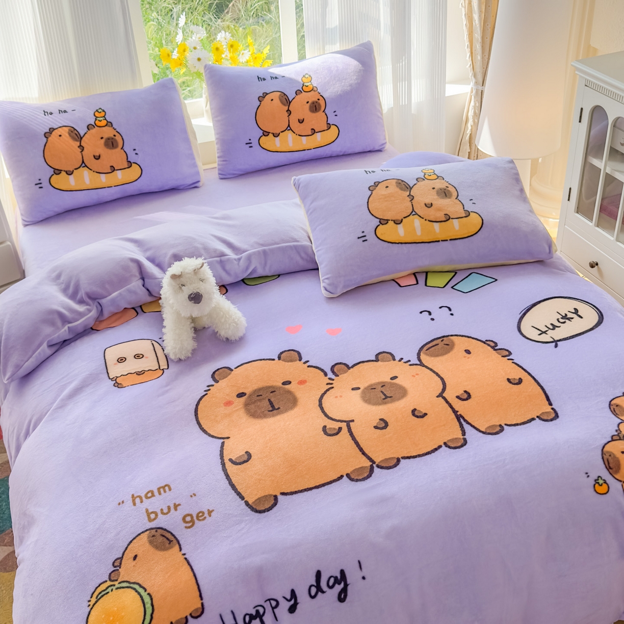 91家纺网 家纺一手货源 找家纺 浩诚 2025新款高克重原创设计牛奶绒大版卡通四件套第2批 紫色巴拉