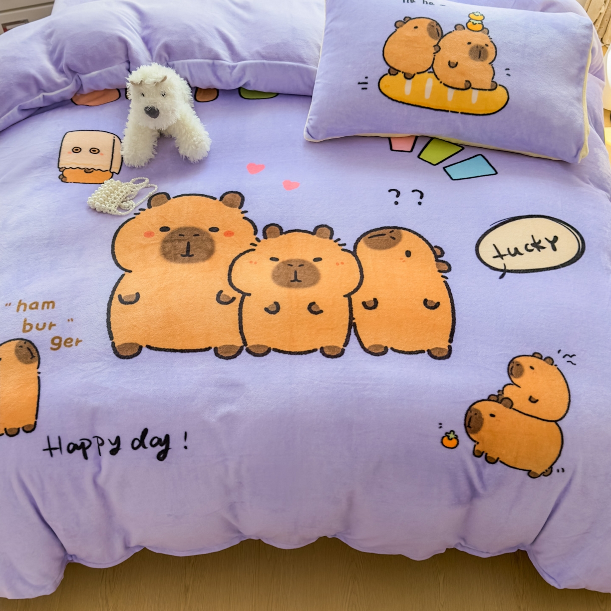 91家纺网 家纺一手货源 找家纺 浩诚 2025新款高克重原创设计牛奶绒大版卡通四件套第2批 紫色巴拉