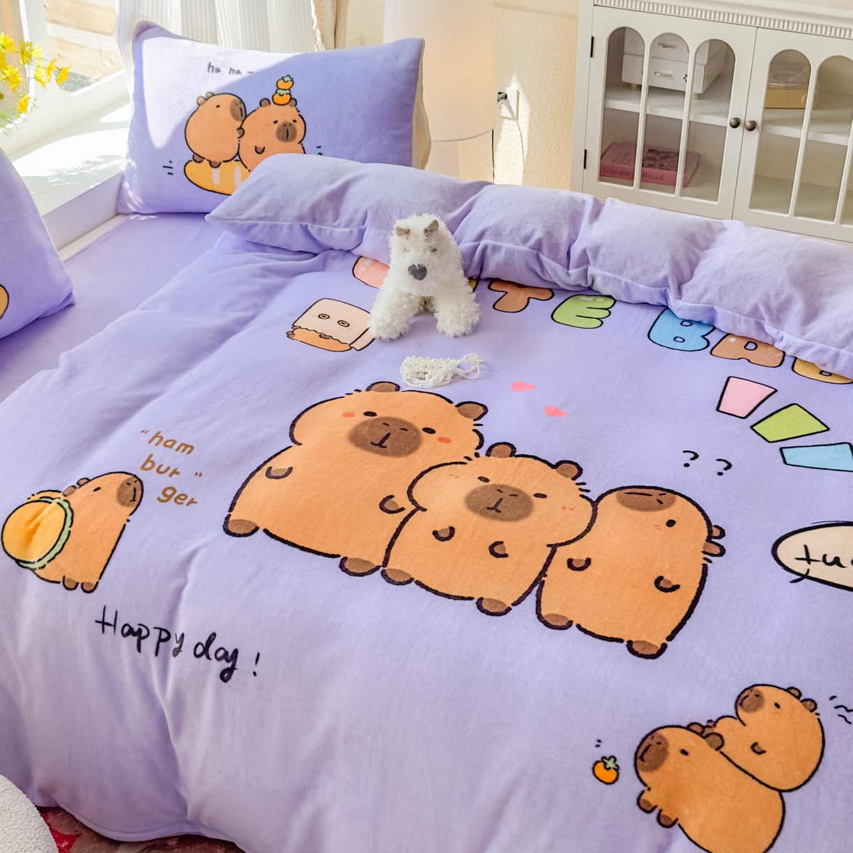 91家纺网 家纺一手货源 找家纺 浩诚 2025新款高克重原创设计牛奶绒大版卡通四件套第2批 紫色巴拉