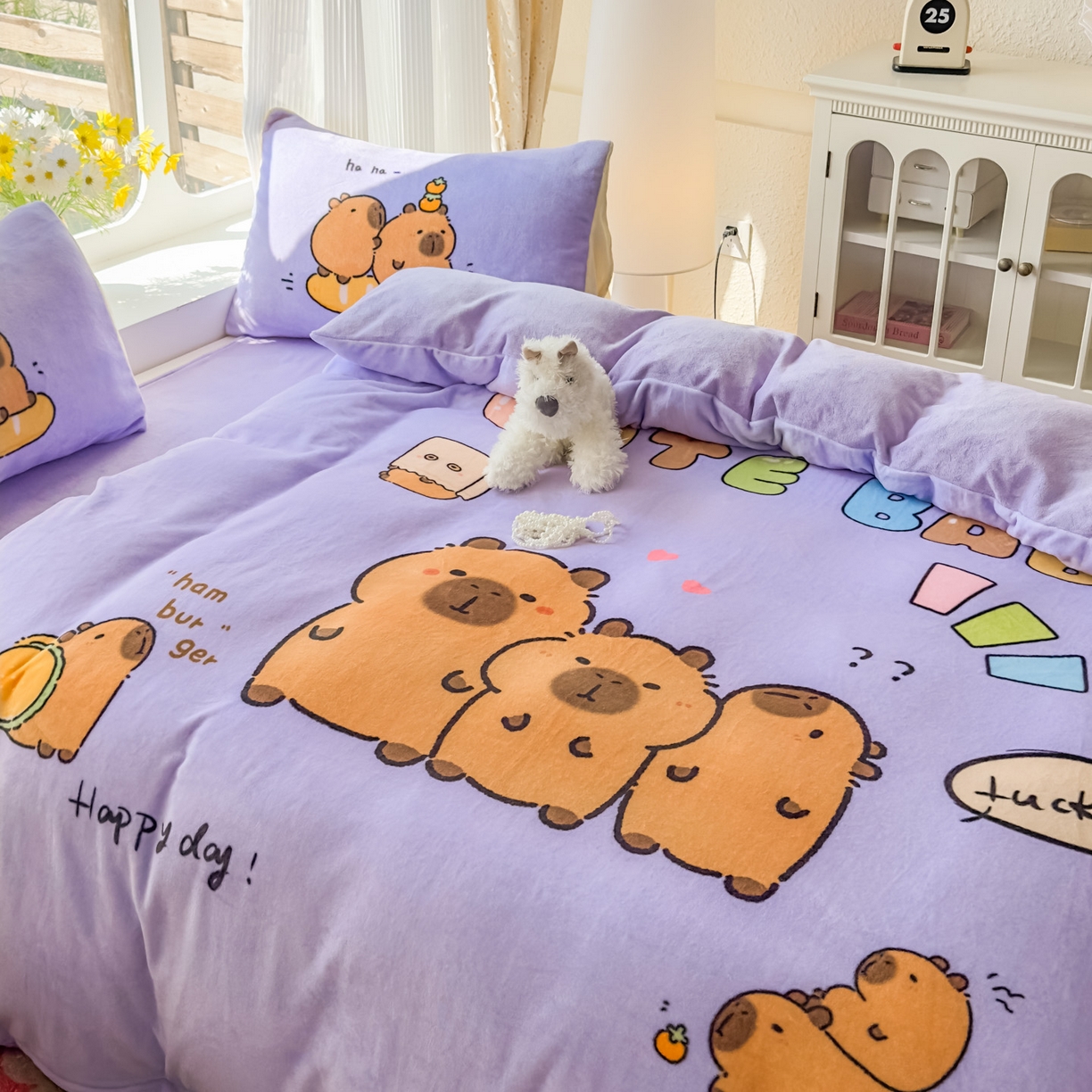 91家纺网 家纺一手货源 找家纺 浩诚 2025新款高克重原创设计牛奶绒大版卡通四件套第2批 紫色巴拉