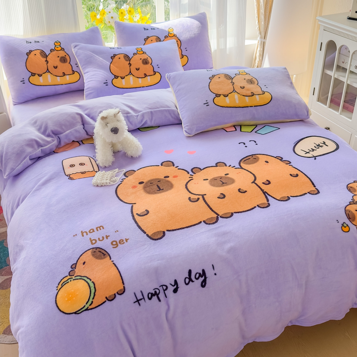 91家纺网 家纺一手货源 找家纺 浩诚 2025新款高克重原创设计牛奶绒大版卡通四件套第2批 紫色巴拉