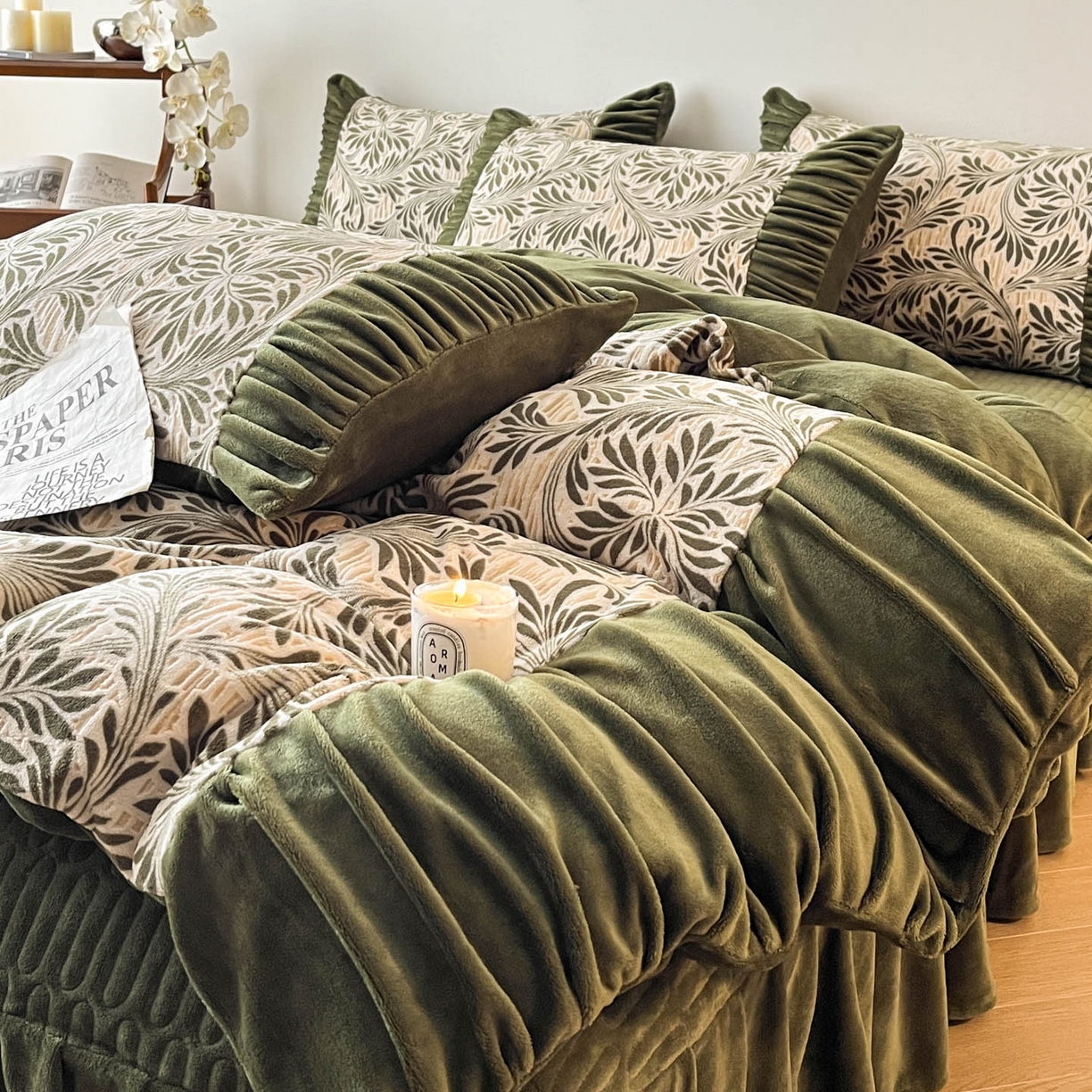 91家纺网 家纺一手货源 找家纺 金阳光家纺 2025新款雕花绒色烂牛奶绒法式泡泡袖牛奶绒床单床盖四件套 香谢落叶-巴洛克