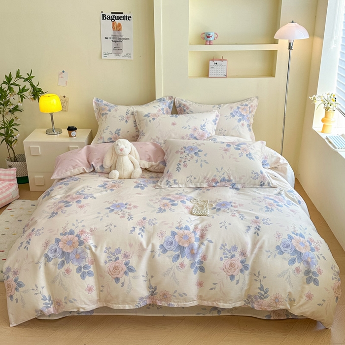 91家纺网 家纺一手货源 找家纺 绵庭家纺 2025新款田园花卉全棉纯棉印花四件套 水墨江南