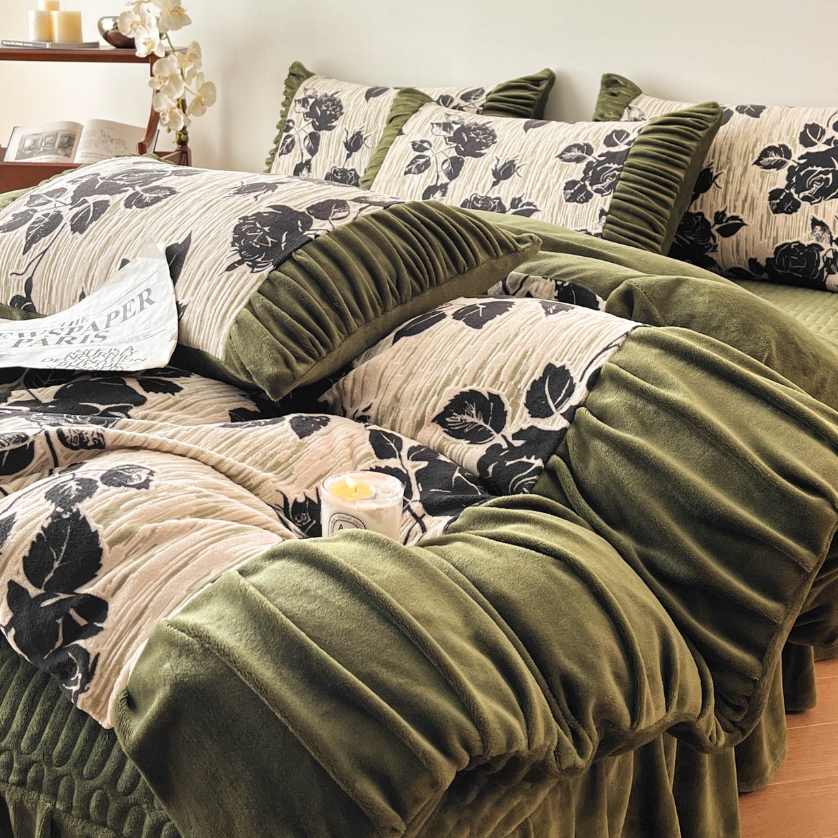 91家纺网 家纺一手货源 找家纺 金阳光家纺 2025新款雕花绒色烂牛奶绒法式泡泡袖牛奶绒床单床盖四件套 香谢落叶-小夜曲